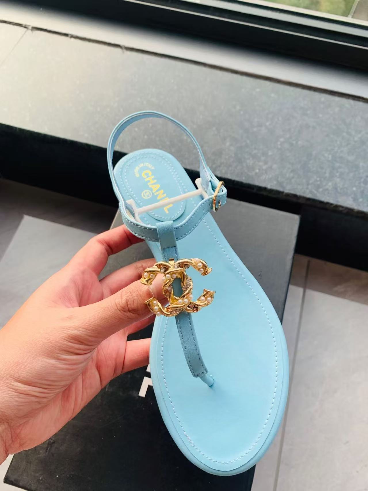 CC Aqua Thong Sandals with Gold CC Charm