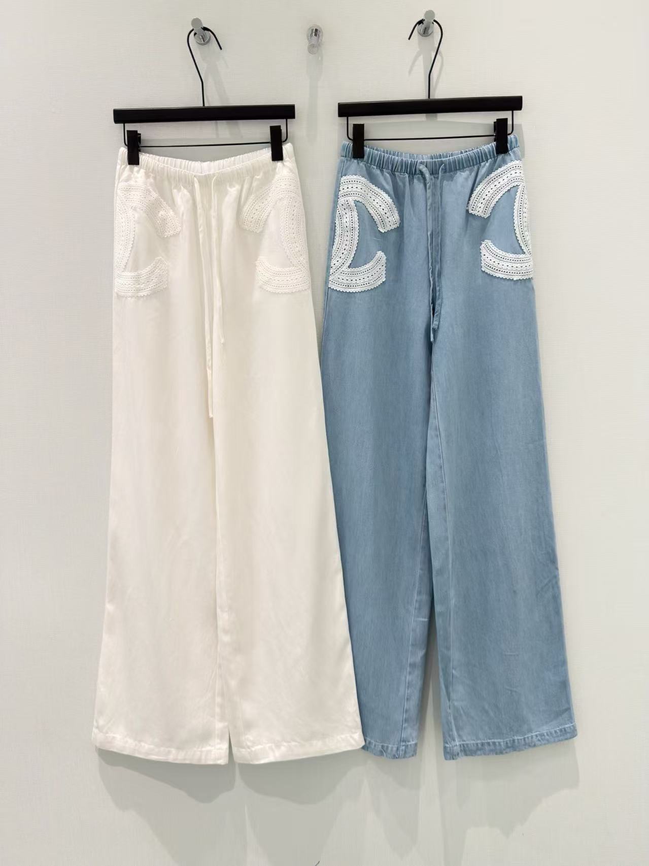 CC Chanel-Style Lace Double-C Patch Drawstring Wide-Leg Pants