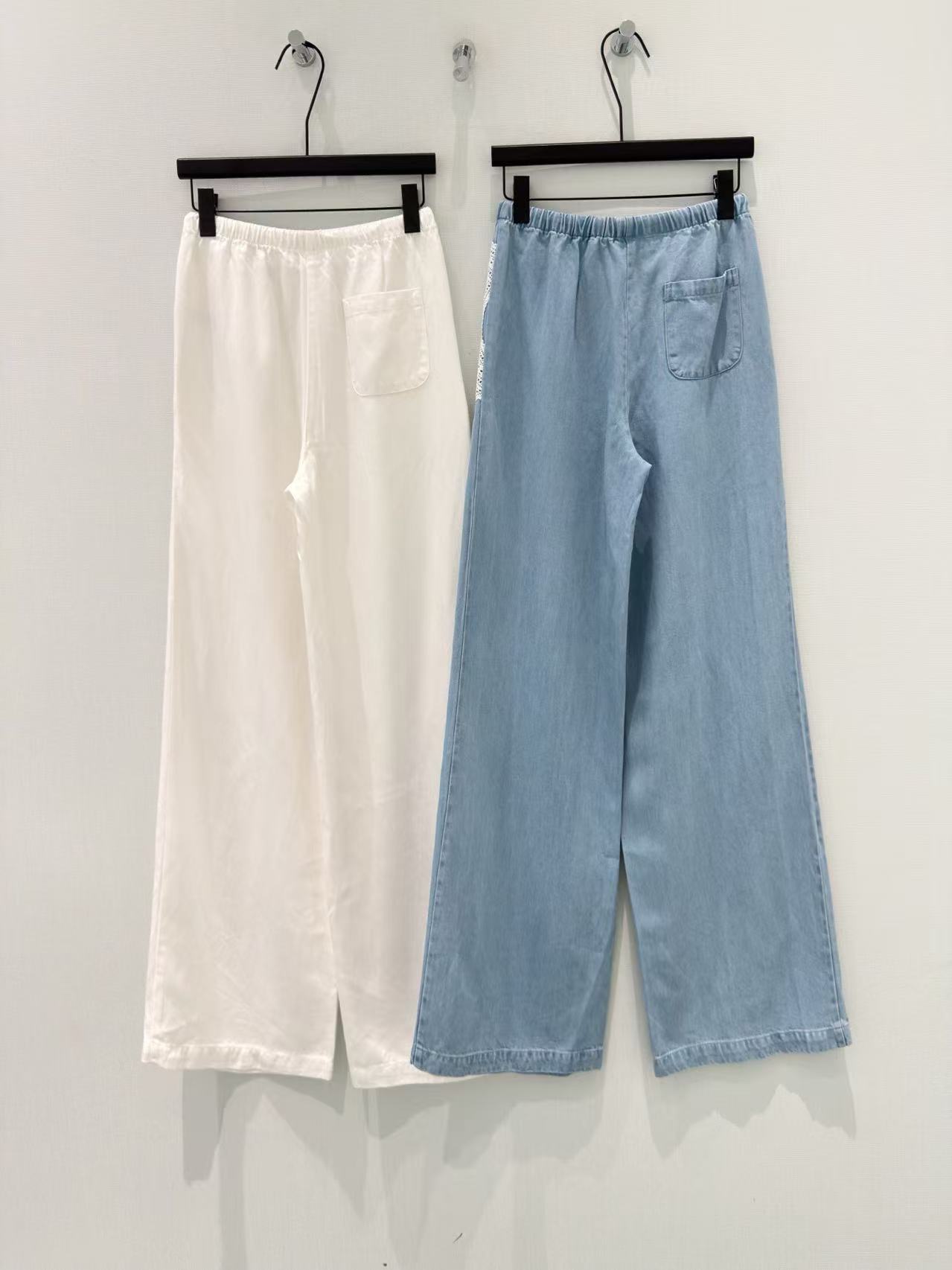 CC Chanel-Style Lace Double-C Patch Drawstring Wide-Leg Pants