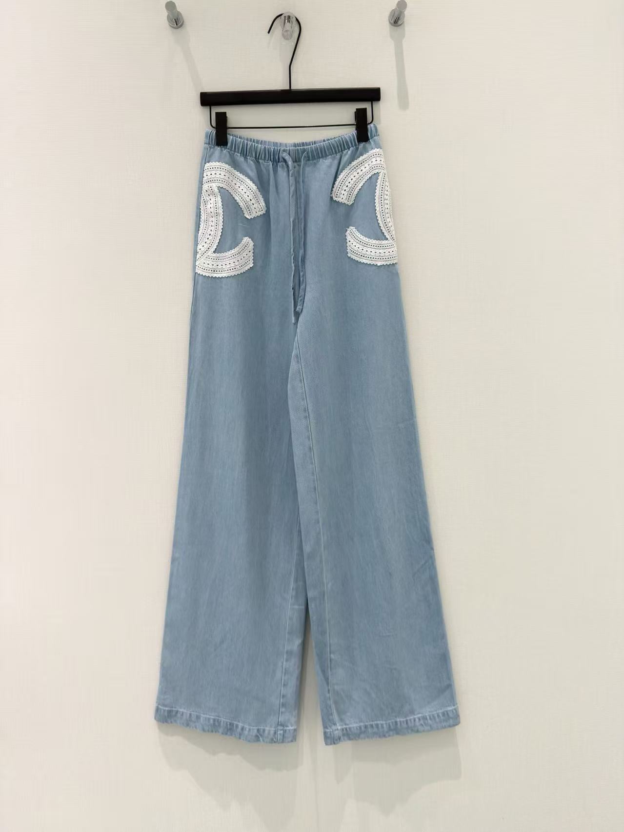 CC Chanel-Style Lace Double-C Patch Drawstring Wide-Leg Pants