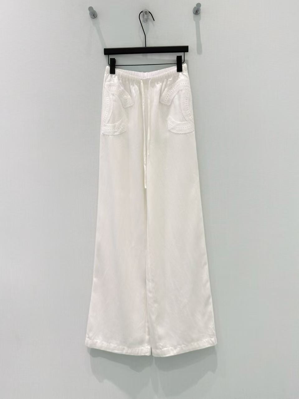 CC Chanel-Style Lace Double-C Patch Drawstring Wide-Leg Pants