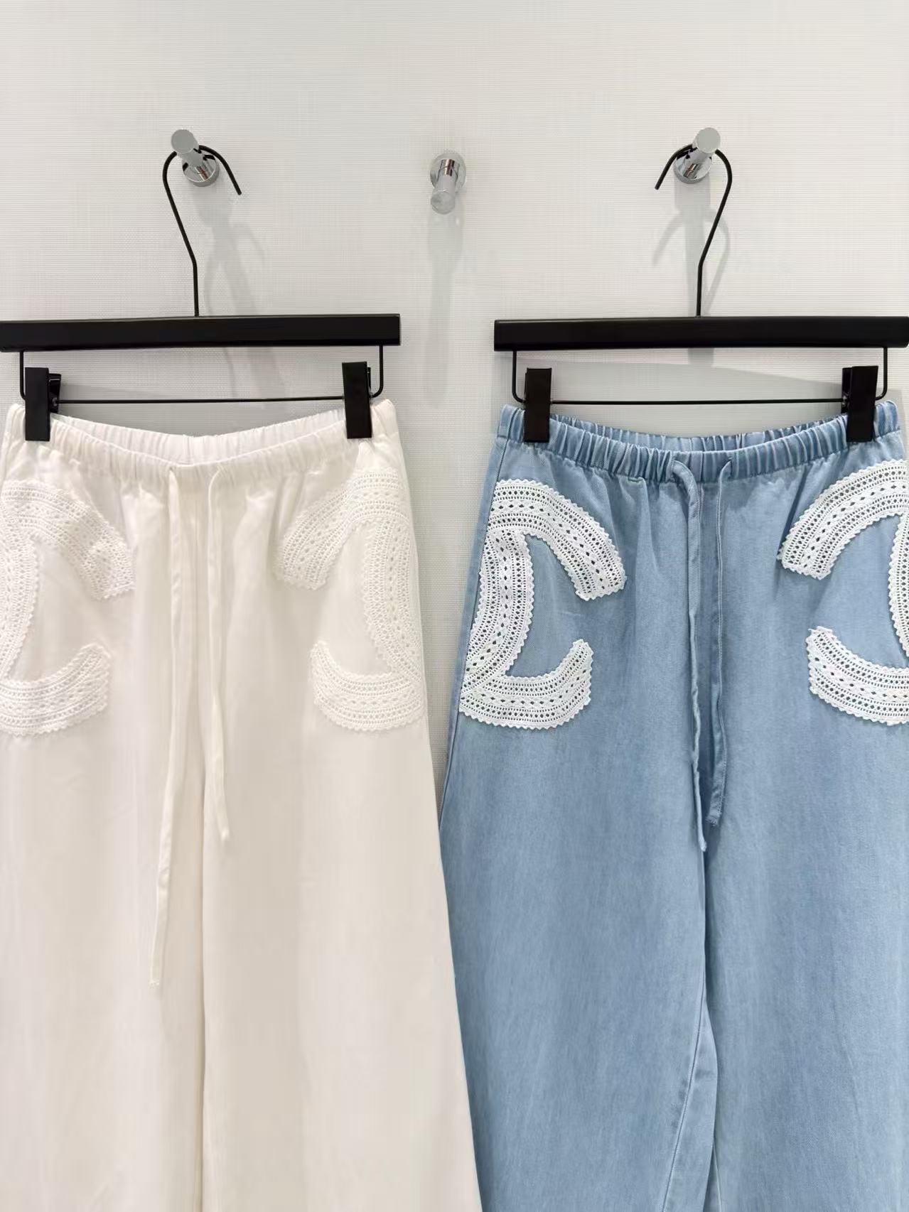CC Chanel-Style Lace Double-C Patch Drawstring Wide-Leg Pants