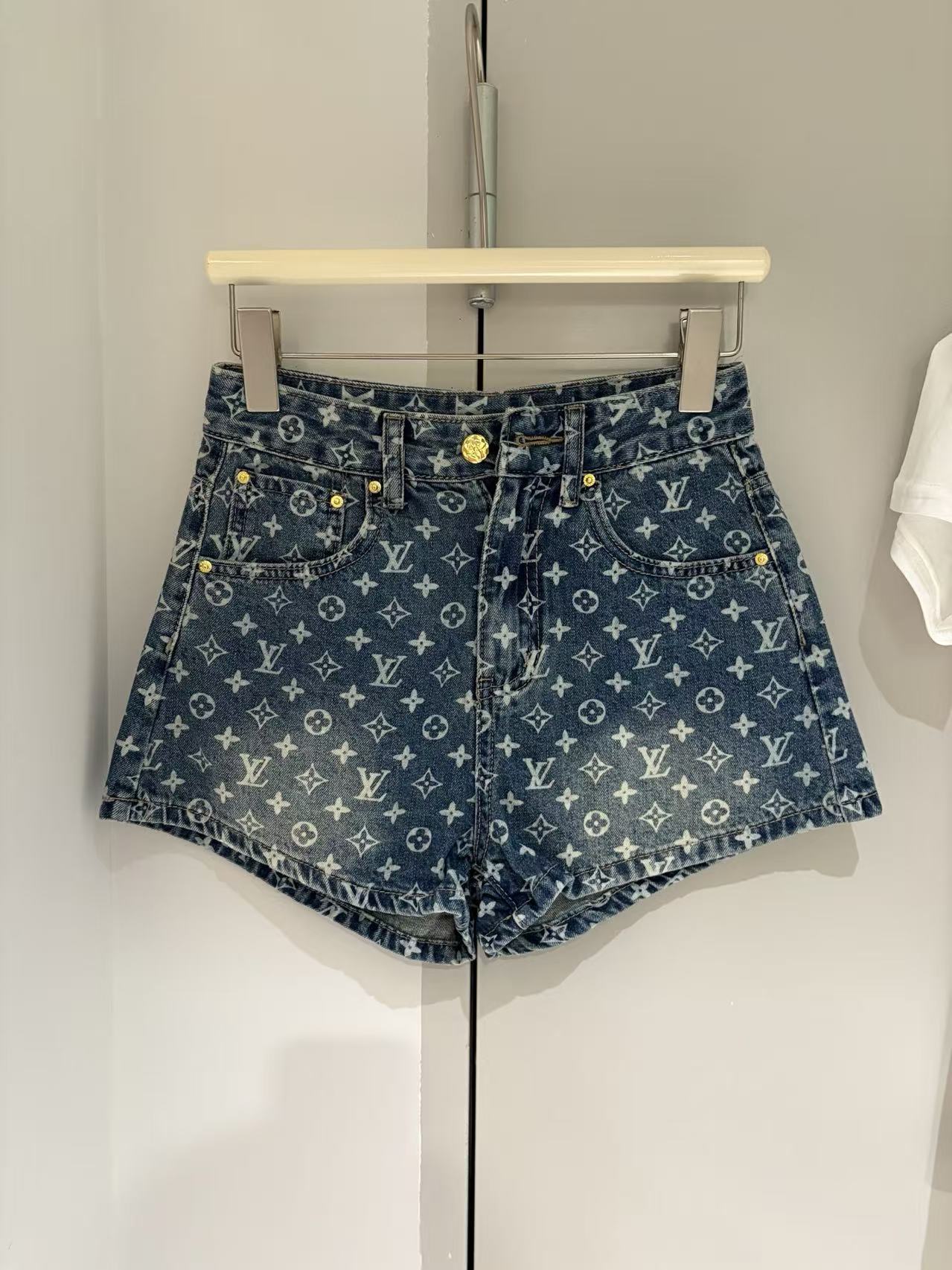 LV Starburst Full-Print High-Waist Denim Shorts.