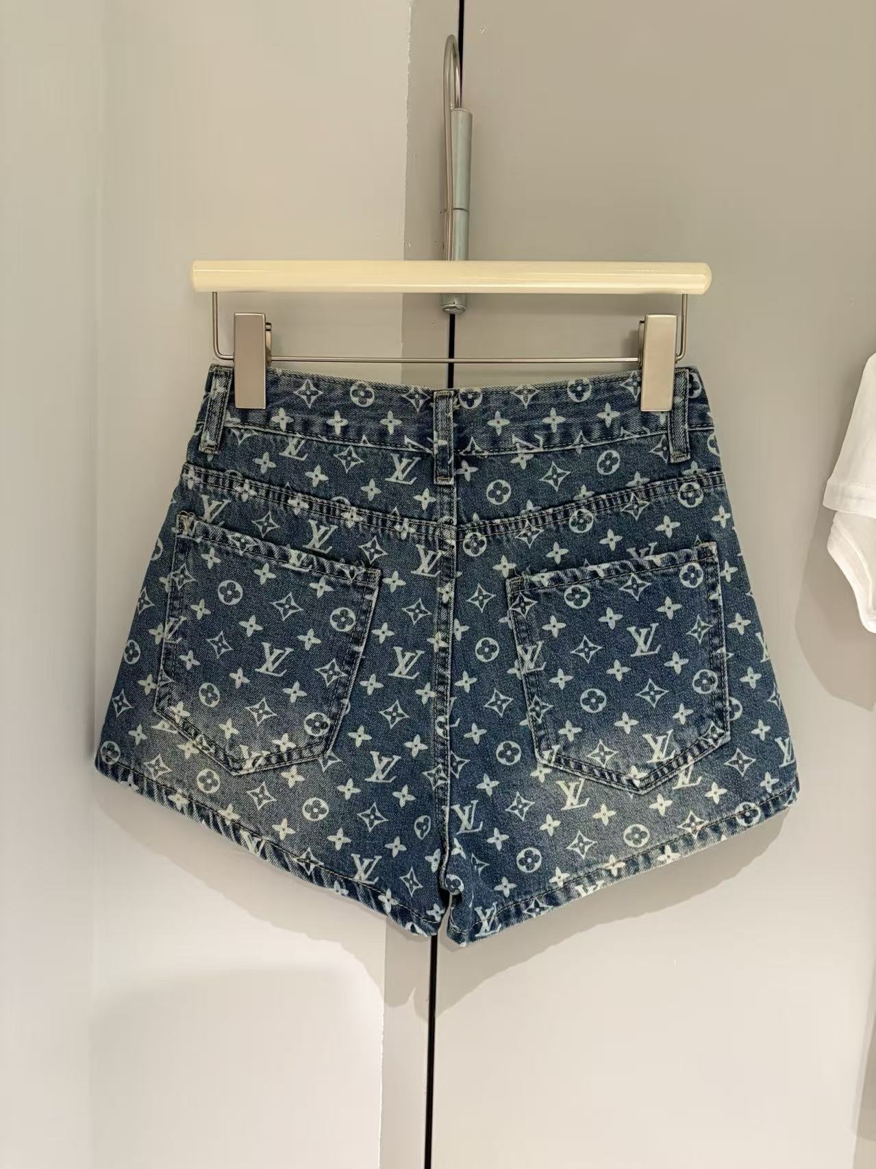LV Starburst Full-Print High-Waist Denim Shorts.