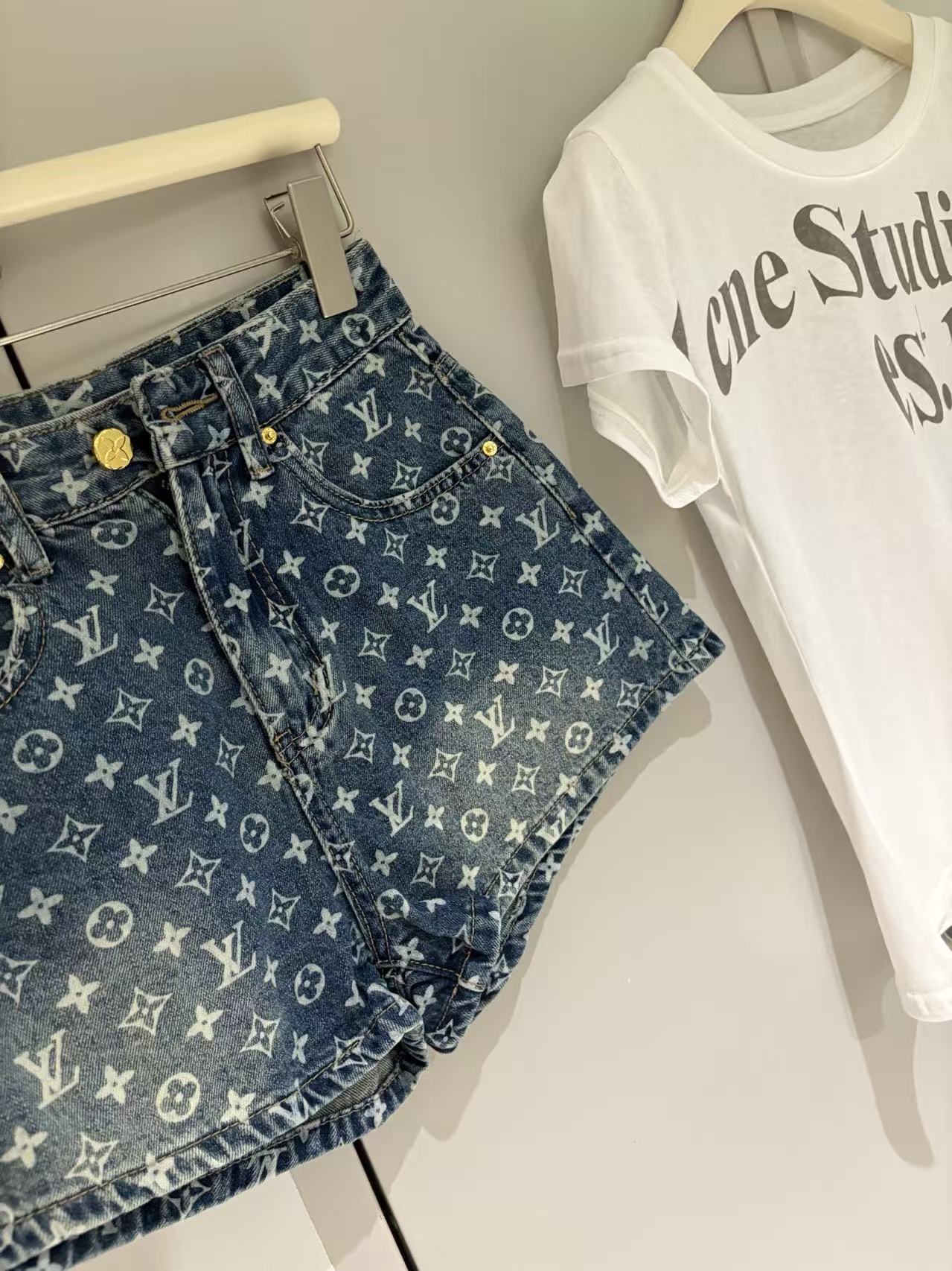 LV Starburst Full-Print High-Waist Denim Shorts.