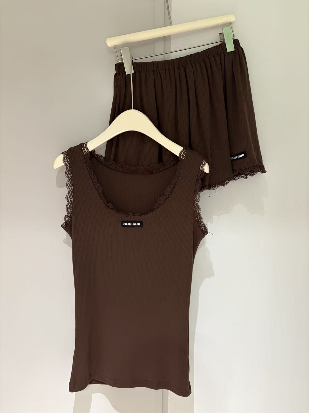 MIU Lace Trim Cami and Mini Skirt Set