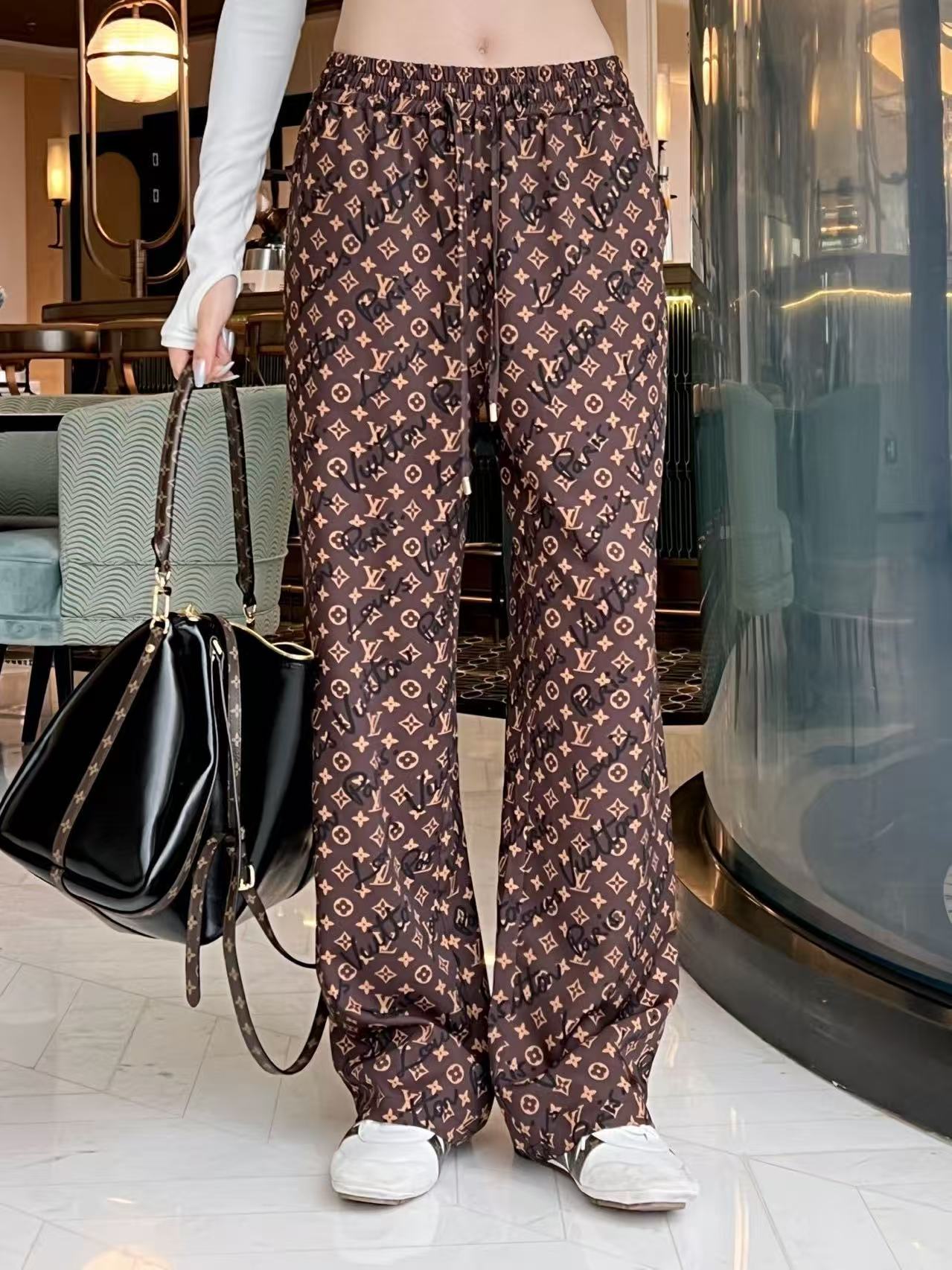 LV Full-Print Monogram Wide-Leg Trousers