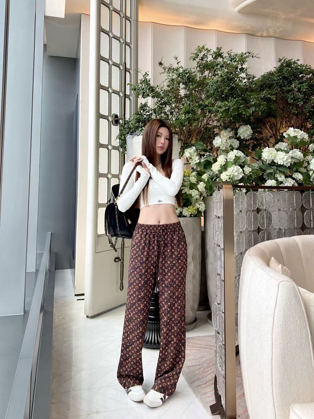 LV Full-Print Monogram Wide-Leg Trousers
