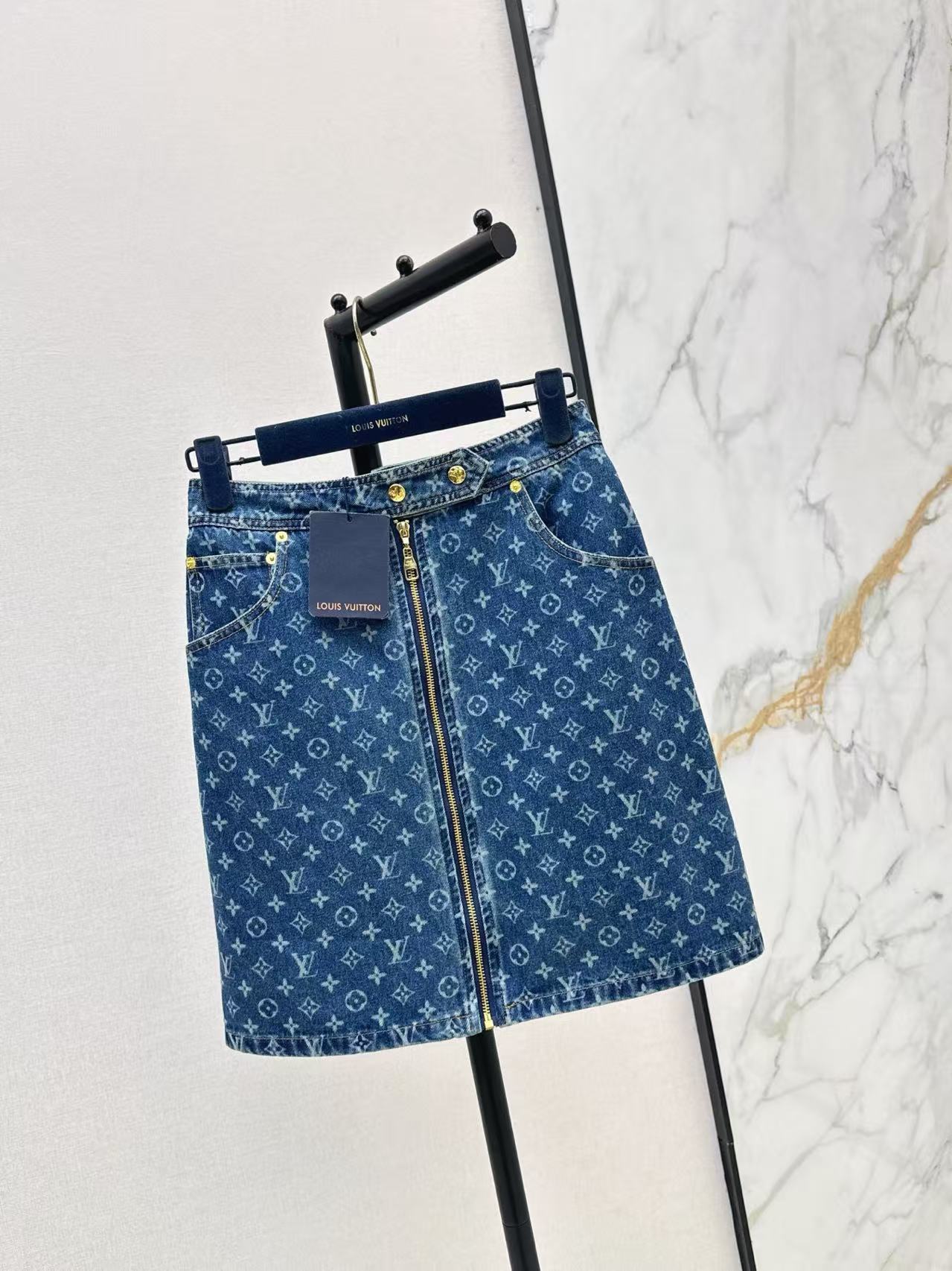 LU All-Over Monogram Denim A-Line Mini Skirt.