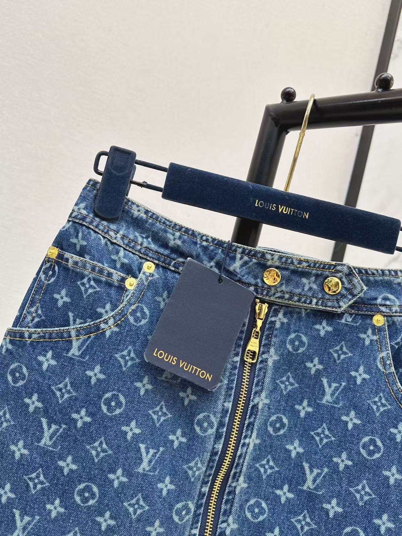 LU All-Over Monogram Denim A-Line Mini Skirt.