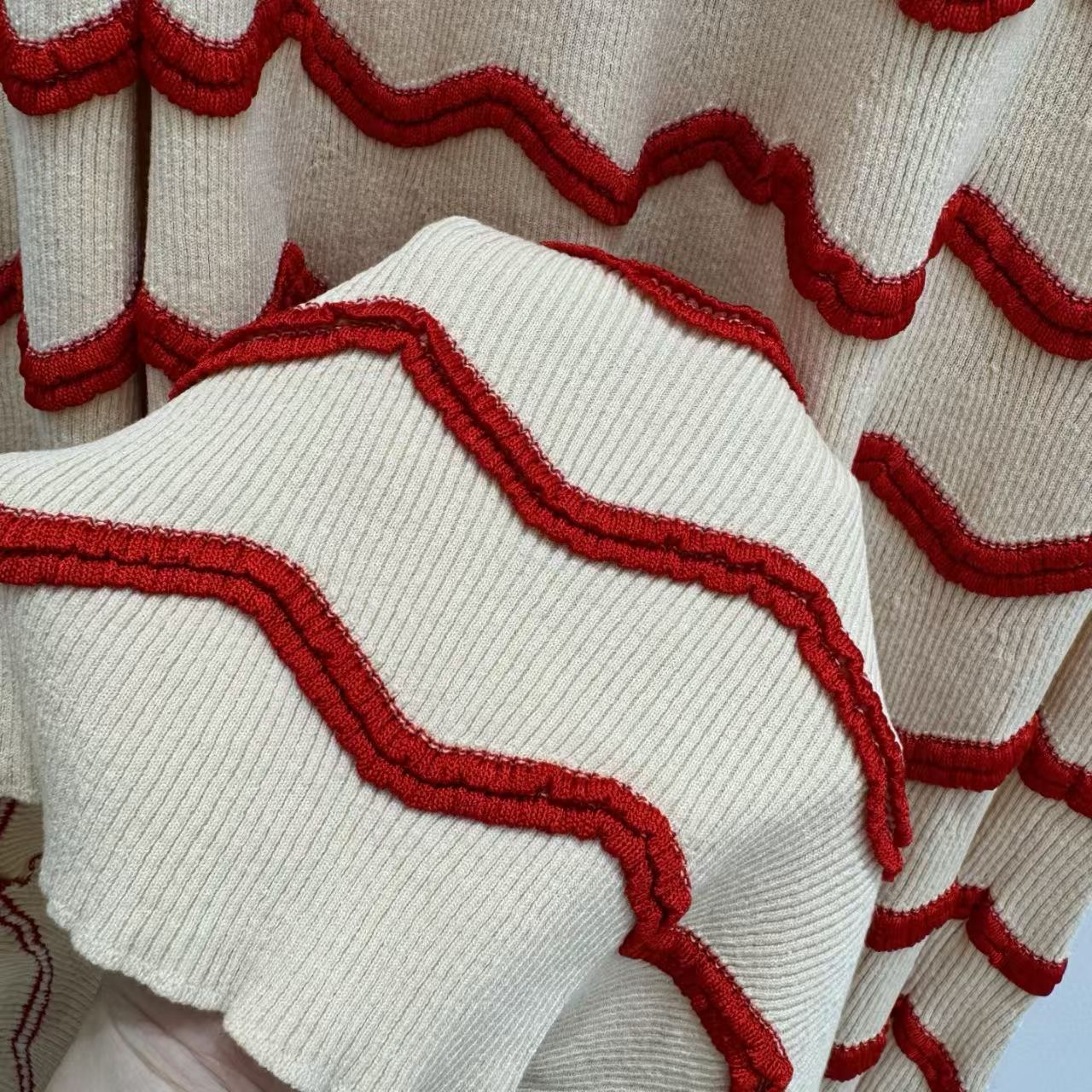 New Cha-style Coco Beach Red & White Wave Knit Midi Skirt