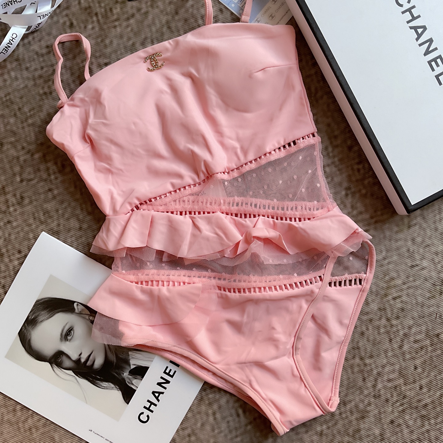 Cha cherry blossom pink mesh ruffle edge one-piece swimsuit