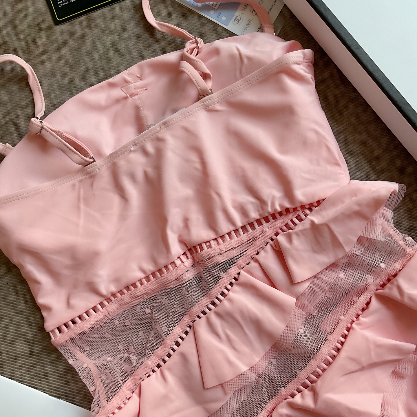 Cha cherry blossom pink mesh ruffle edge one-piece swimsuit