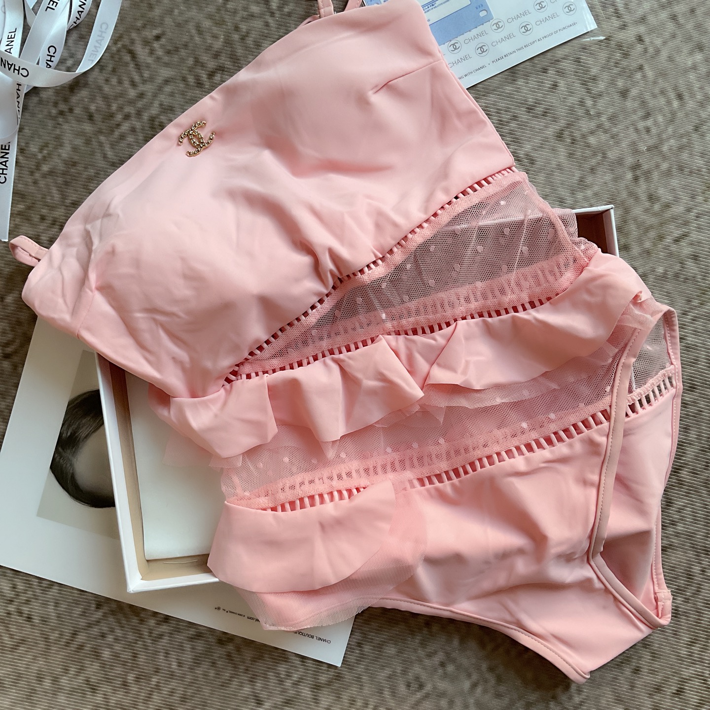 Cha cherry blossom pink mesh ruffle edge one-piece swimsuit