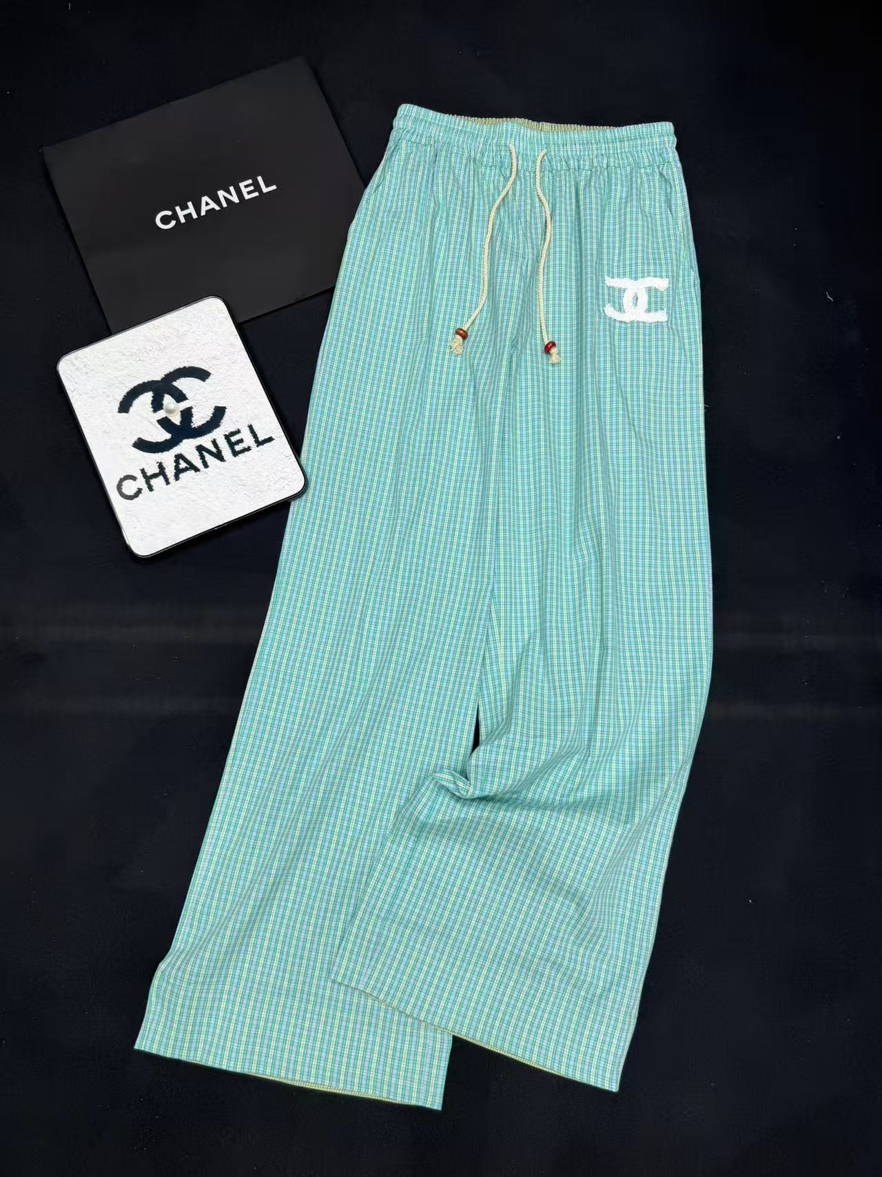 Cha new green plaid wide-leg pants