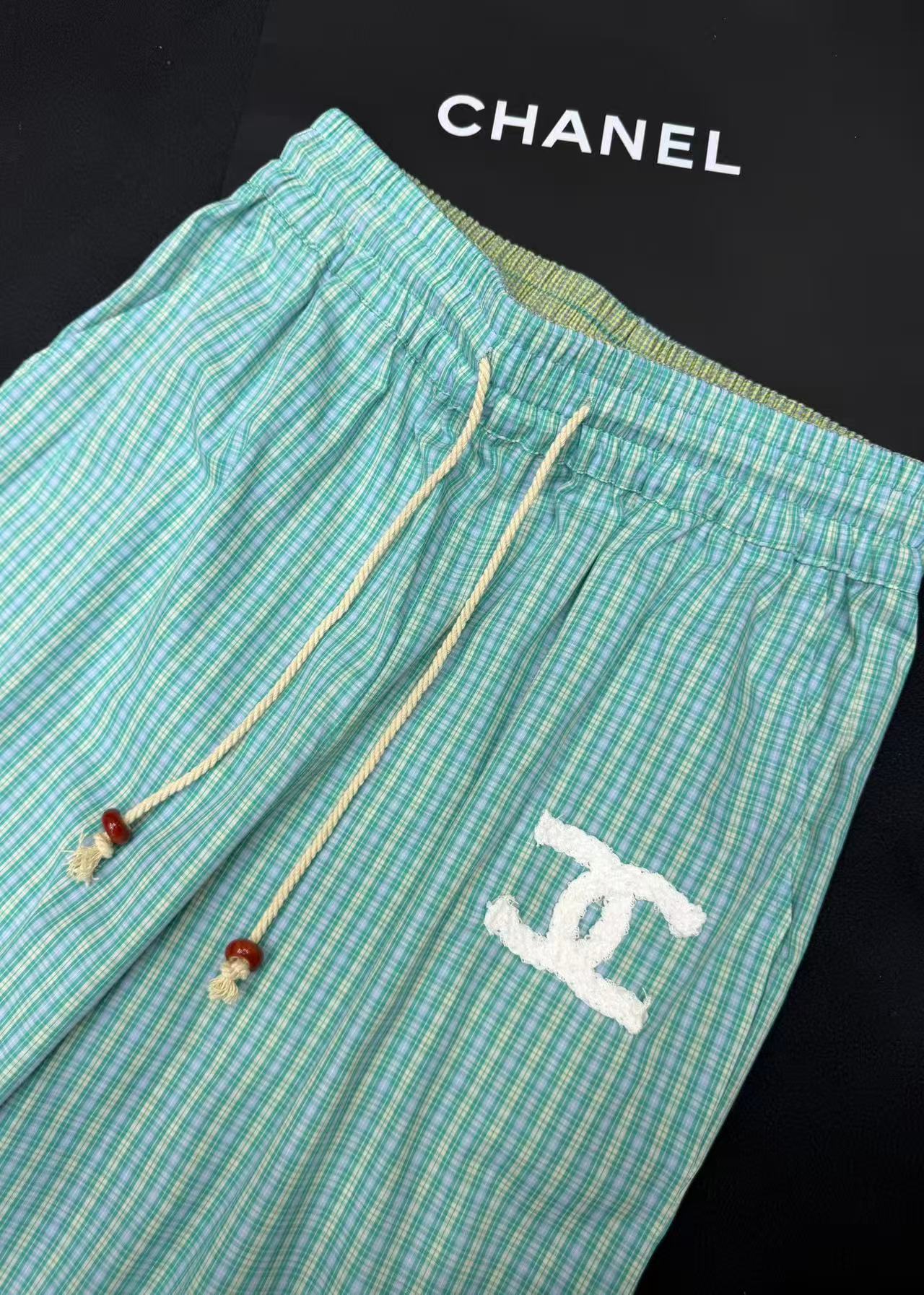 Cha new green plaid wide-leg pants