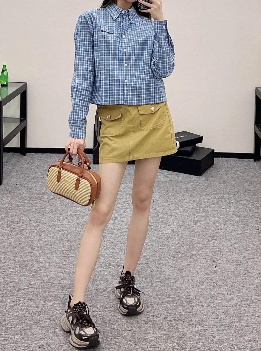 MIU25SS Lapel Check Shirt Dress