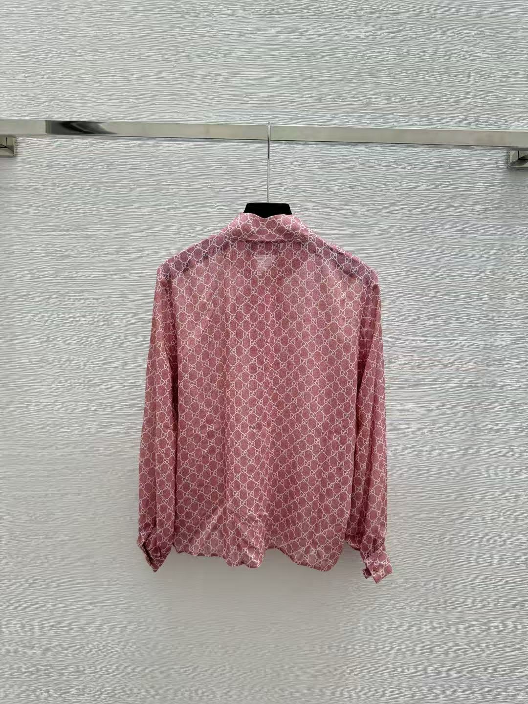 GU 26 Lightweight Sheer Satin Bow Collar Printed Blouse Front Button Placket Loose Fit