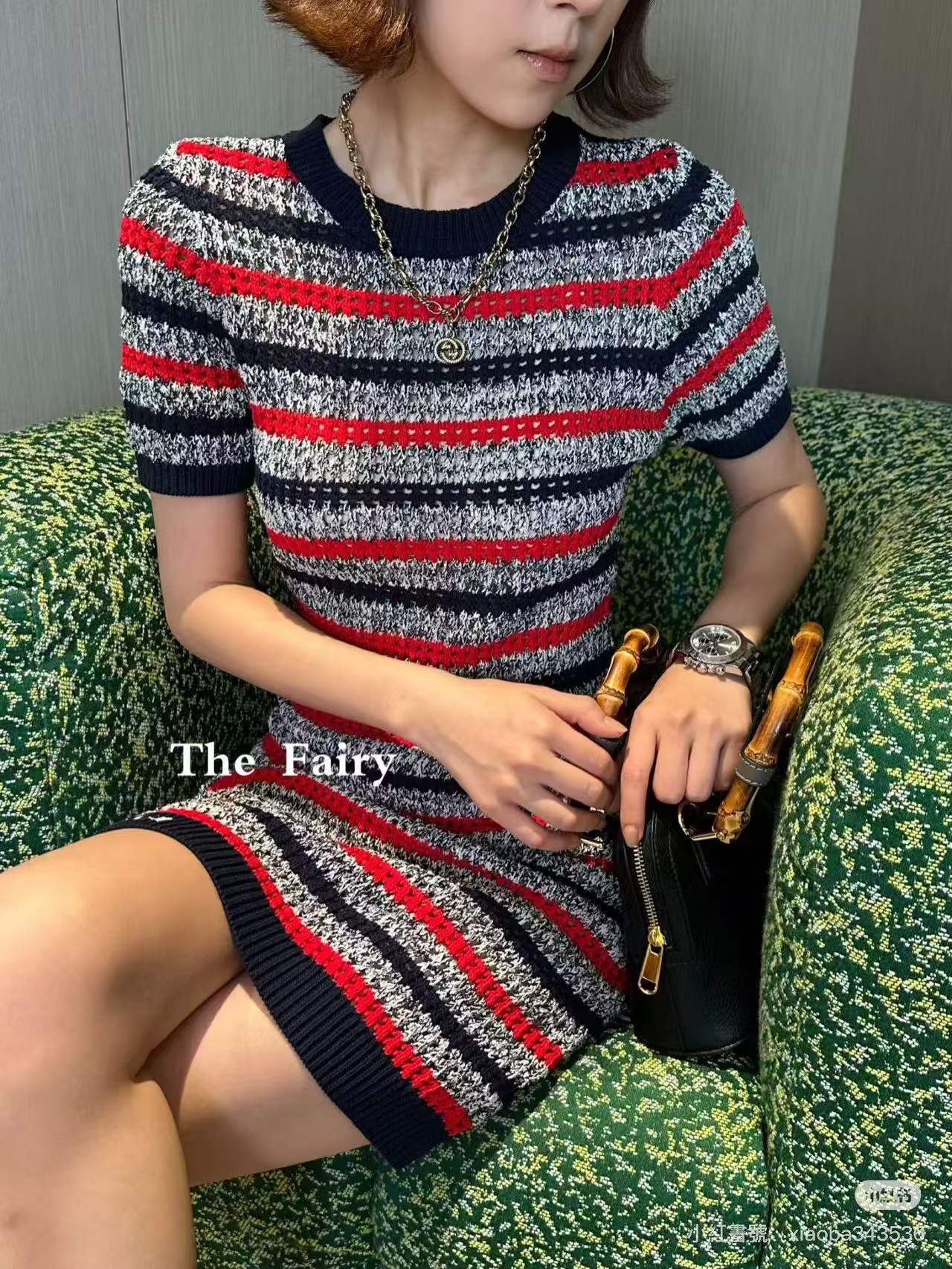 GU Striped Textured Knit Bodycon Mini Dress Short Sleeve Round Neck Pencil