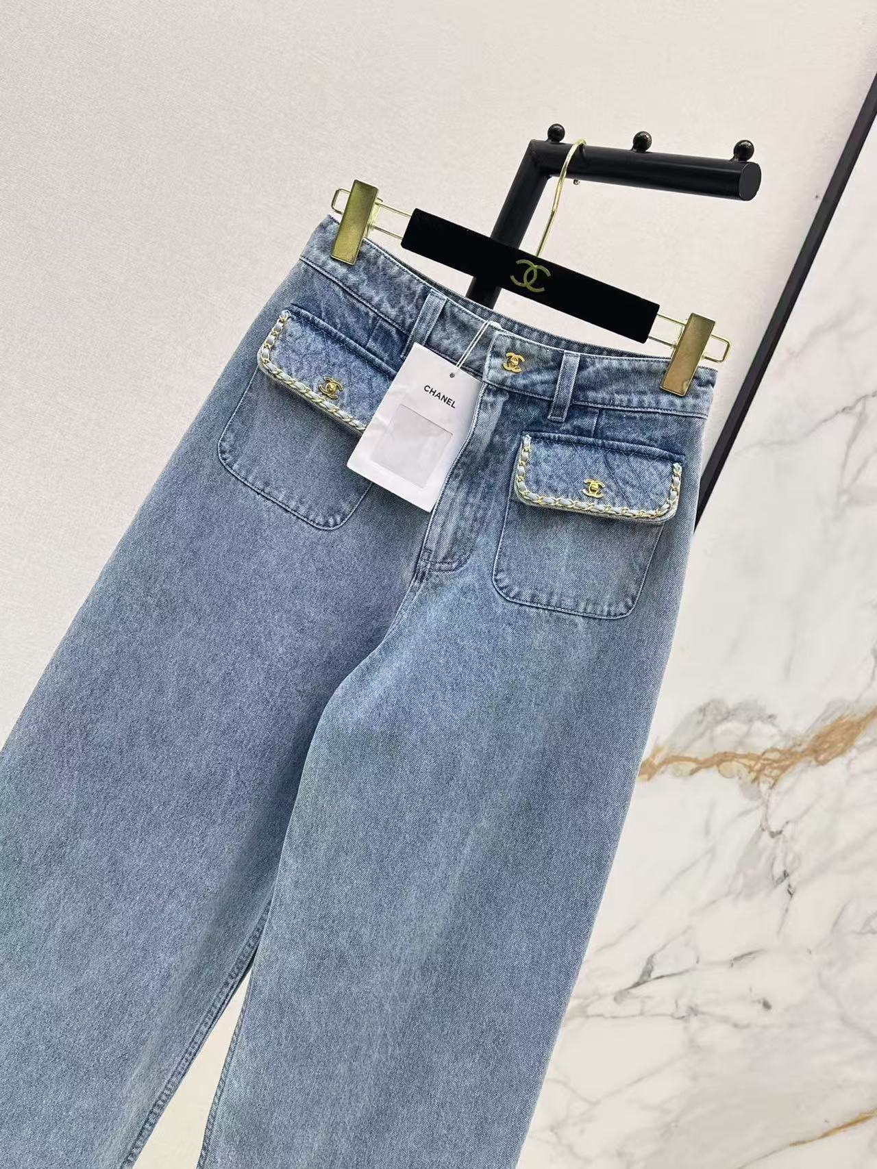 cha 26 Light Wash Chain Trim Wide Leg Denim Pants