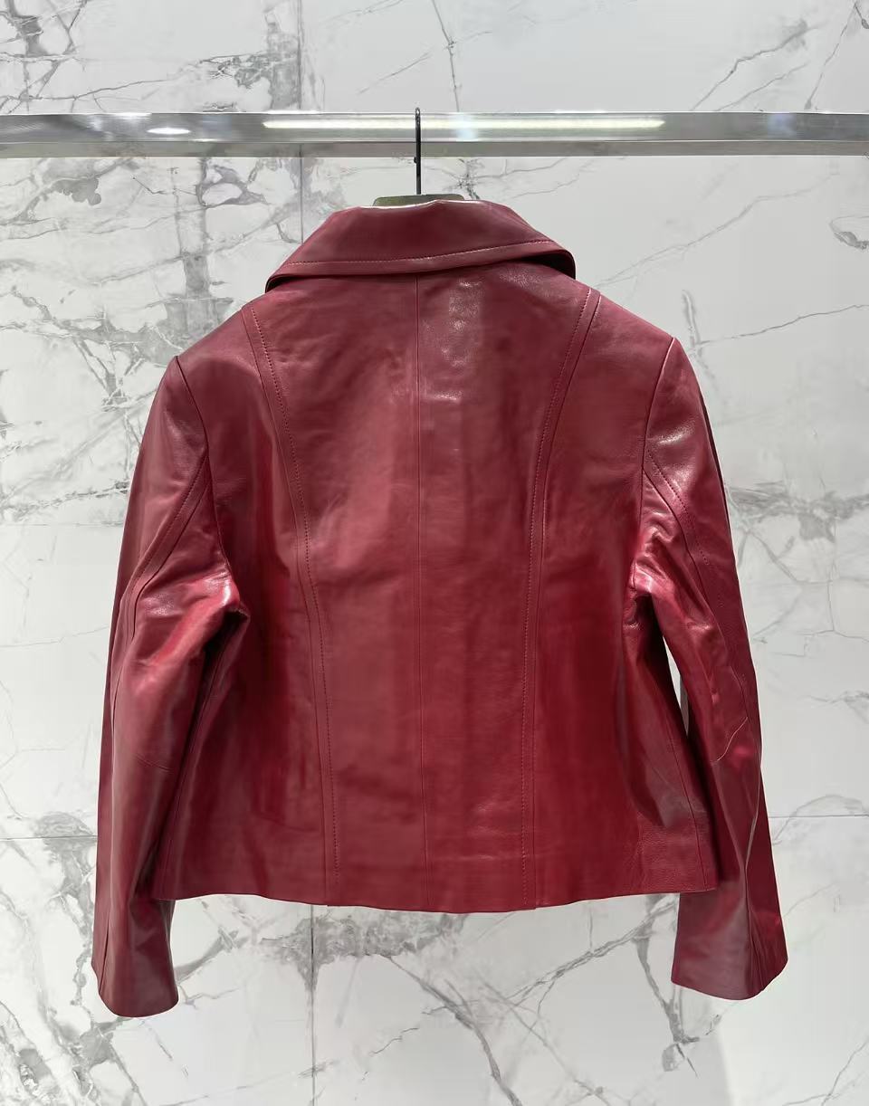 GU 26 Women Black Leather Cropped Jacket With Double G Metal Buttons