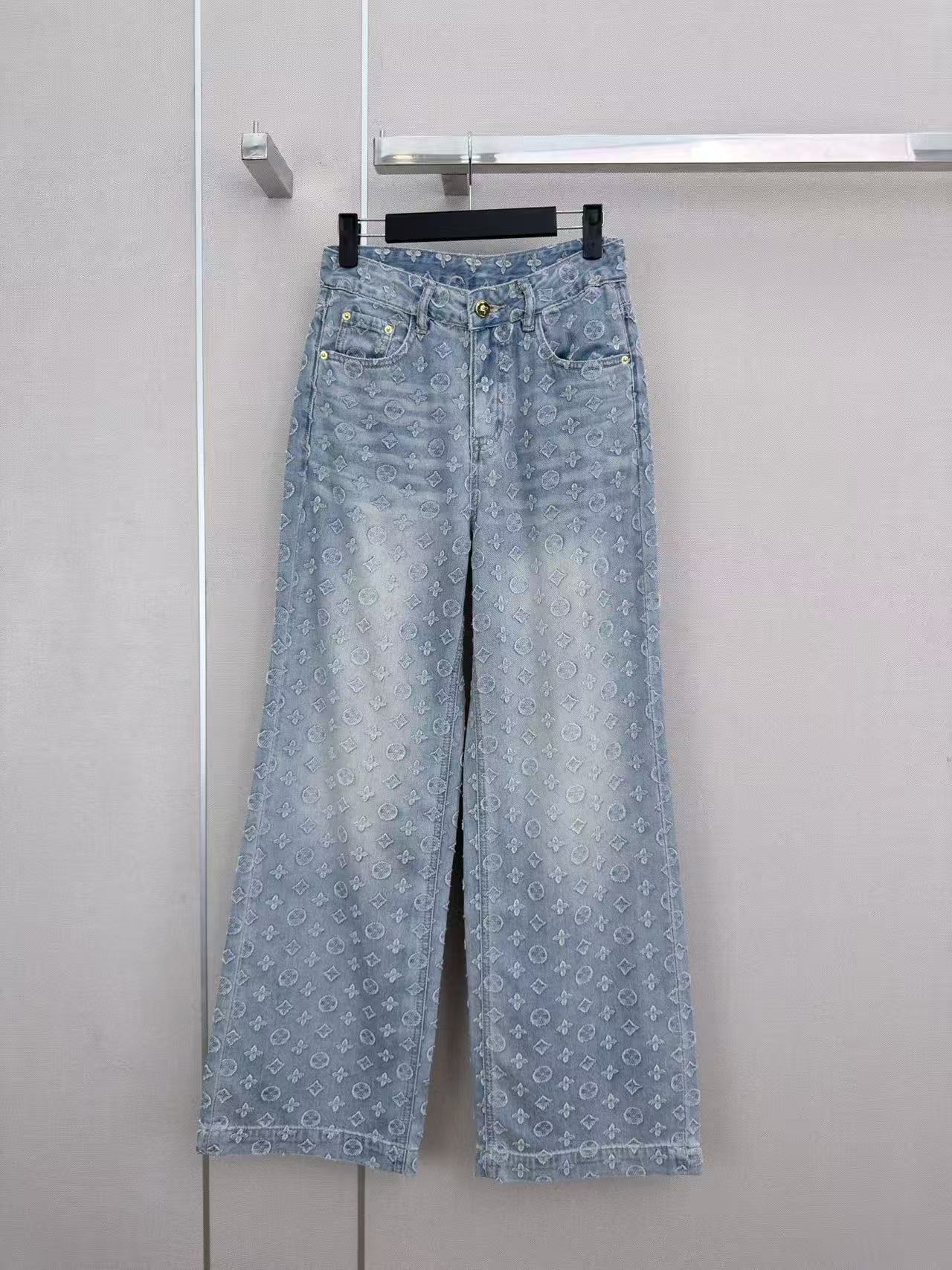 LO 26 High Waist All Over Jacquard Logo Loose Fit Denim Trousers