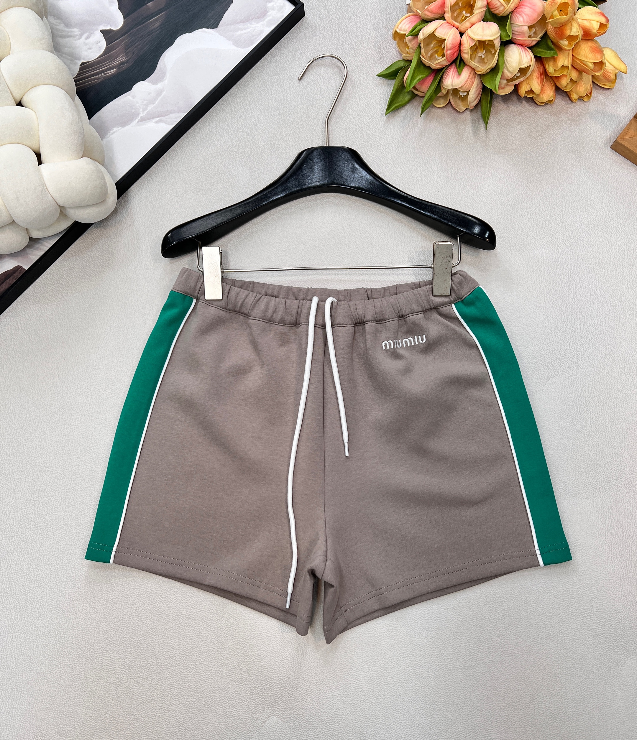 Mi 2025SS Spring/Summer New LetterEmbroidery Color-Block Webbing Drawstring Shorts