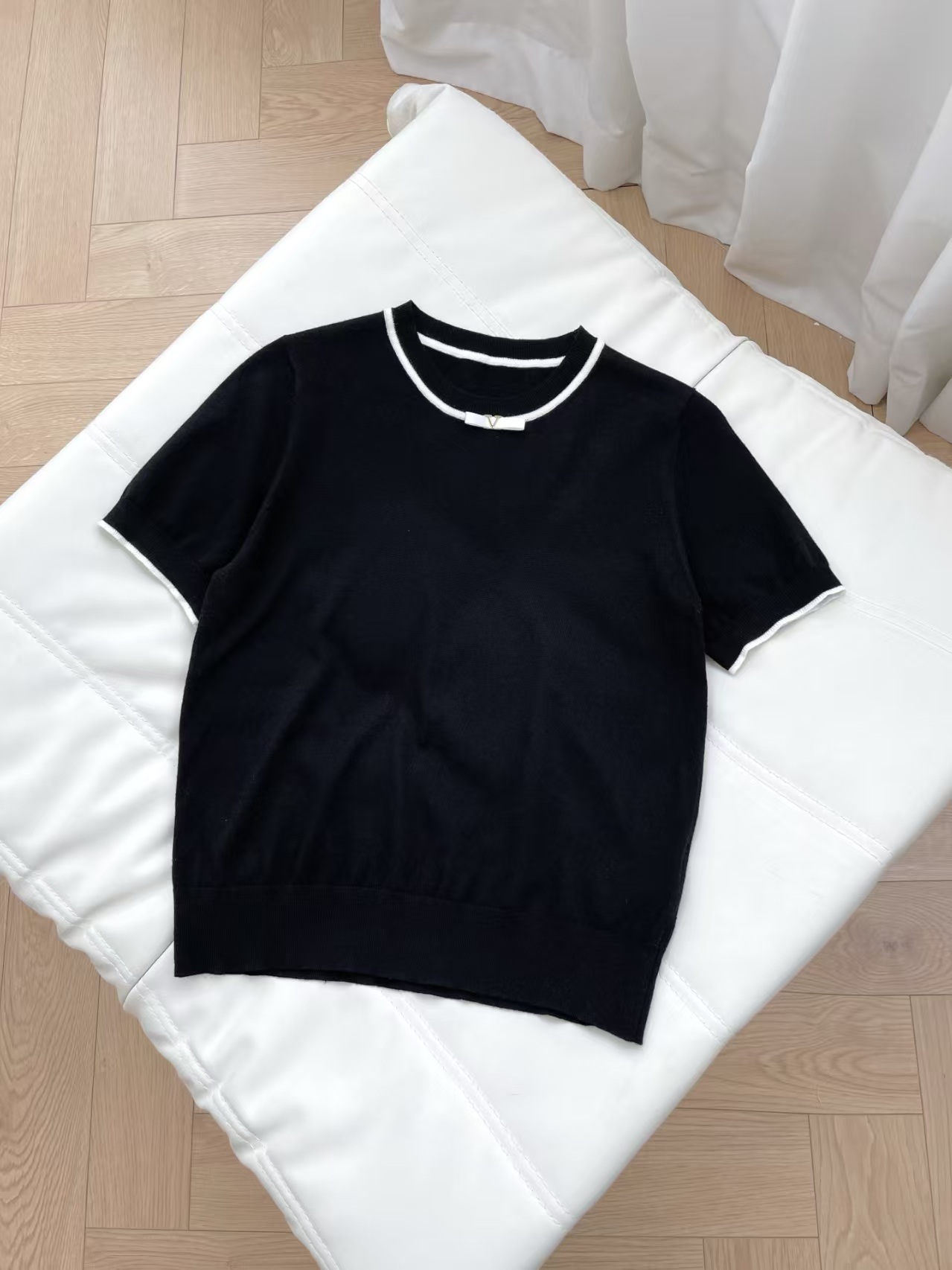Cha Style Contrast Collar Bow Tie Knit Short Sleeve