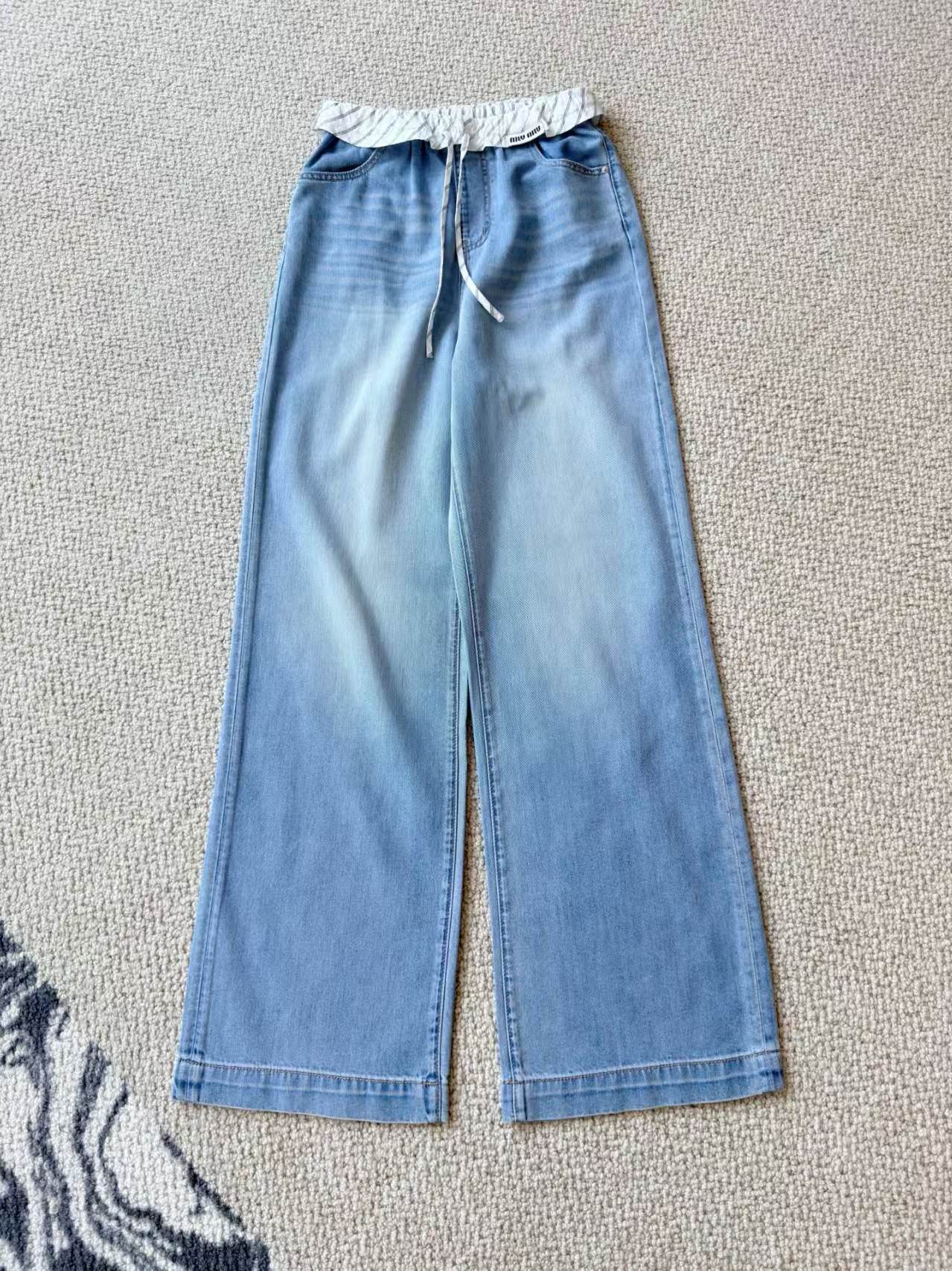 Miumi*26 New Design Striped Ruffle Trim Lyocell Wide-leg Washed Jeans