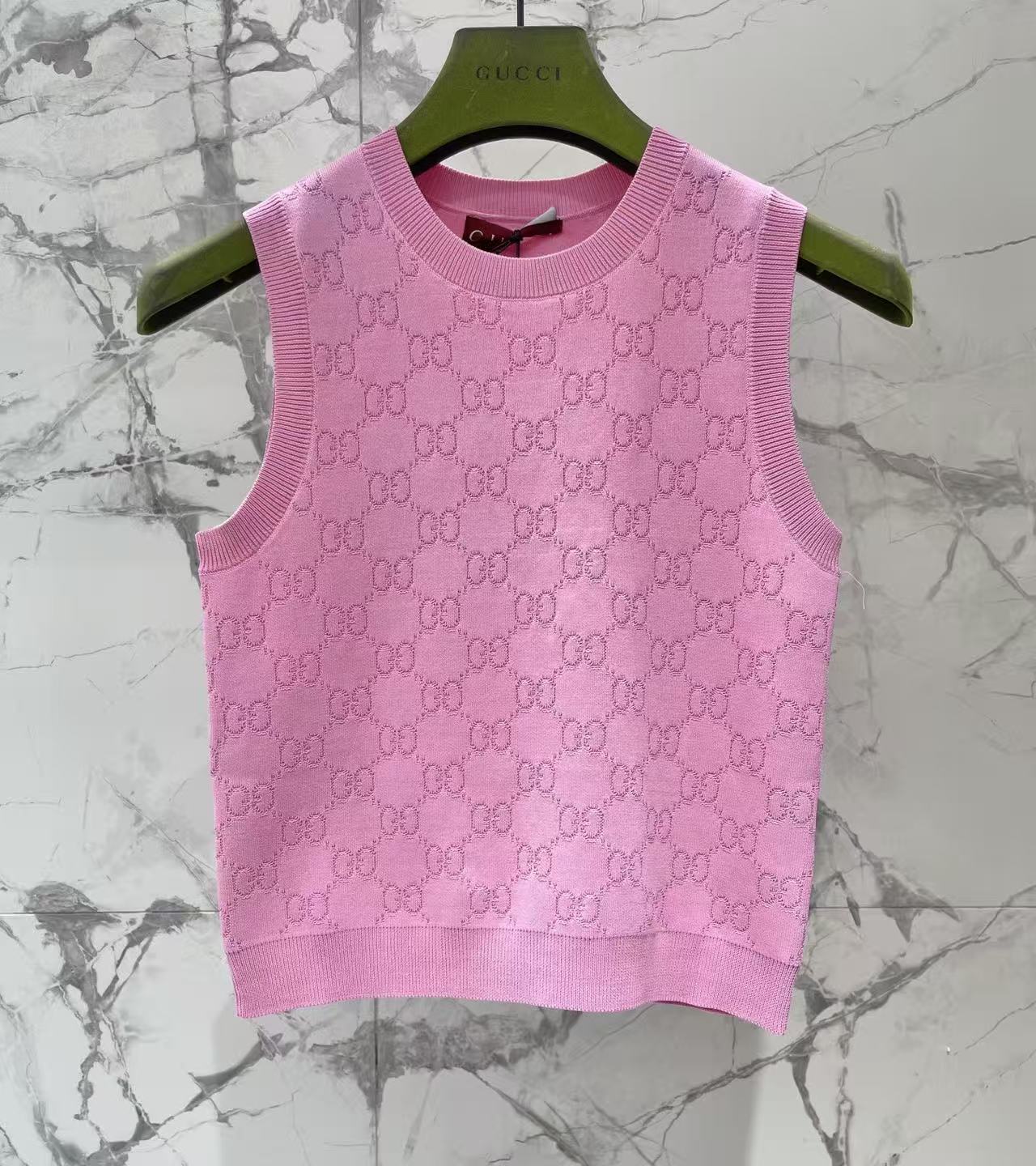 GU All Over Jacquard Sleeveless Knit Top Crew Neck Slim Fit Tank Vest For Women