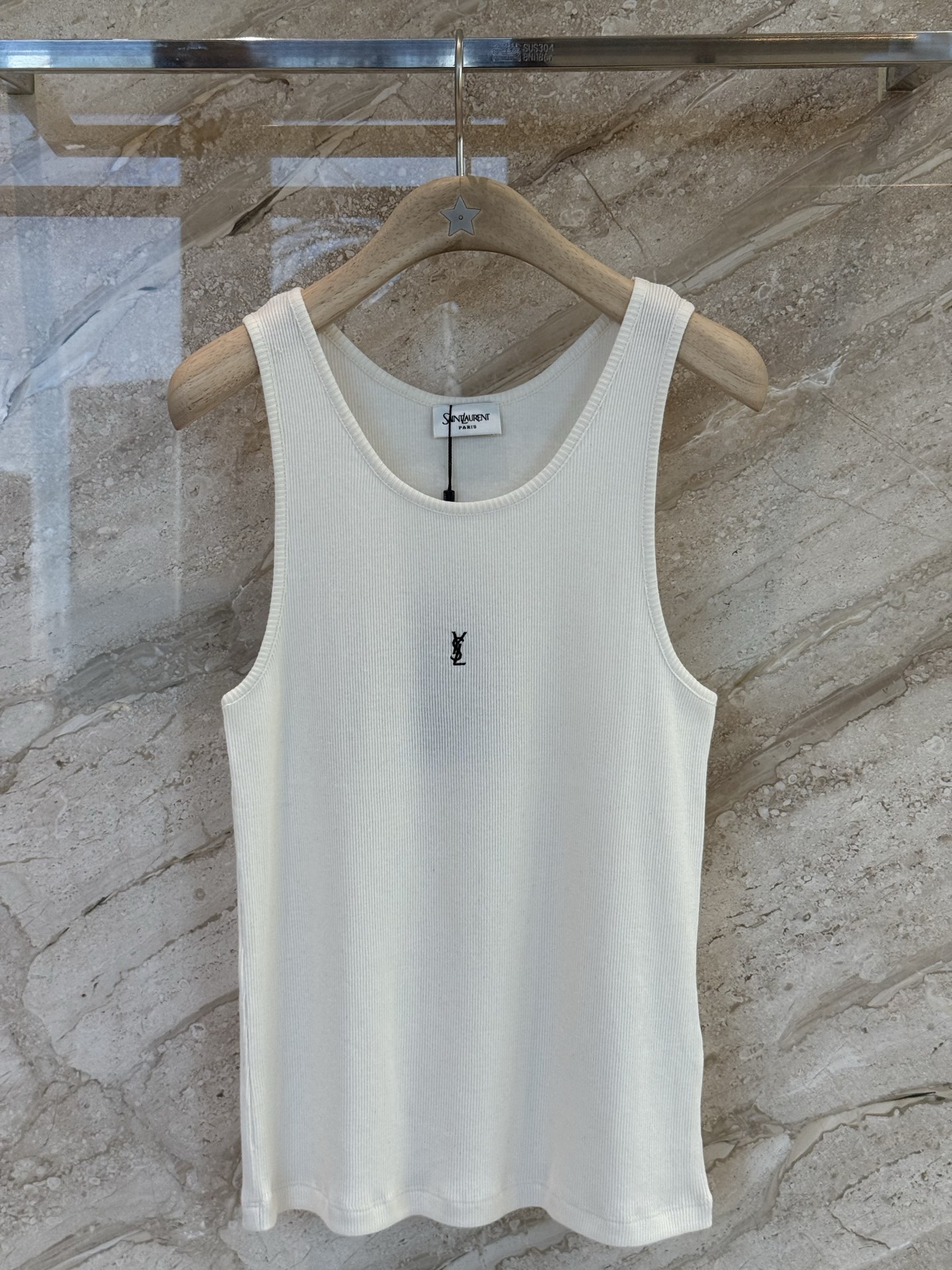 Saint Laurent Cassandre Embroidered Ribbed Tank Top, Off‑White