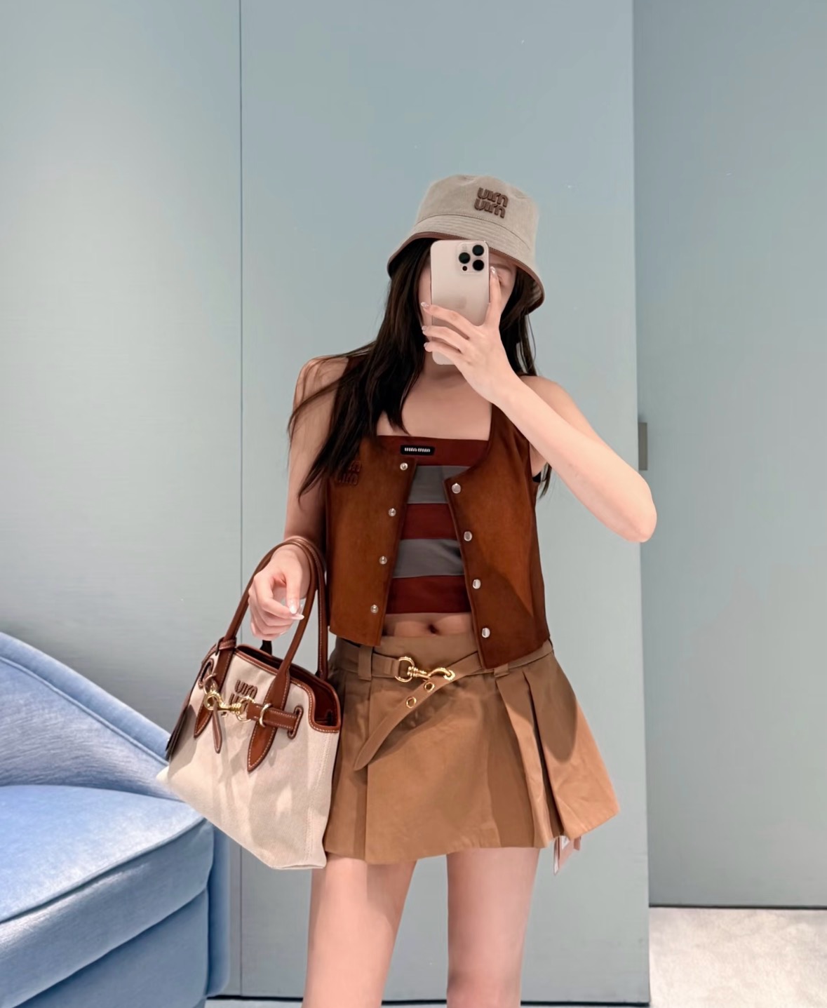 Mi-style Caramel Brown Pleated Mini Skirt
