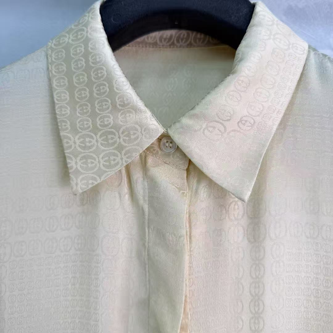 GU Cream Satin Texture Lapel Collar Long Sleeve Button Down Blouse
