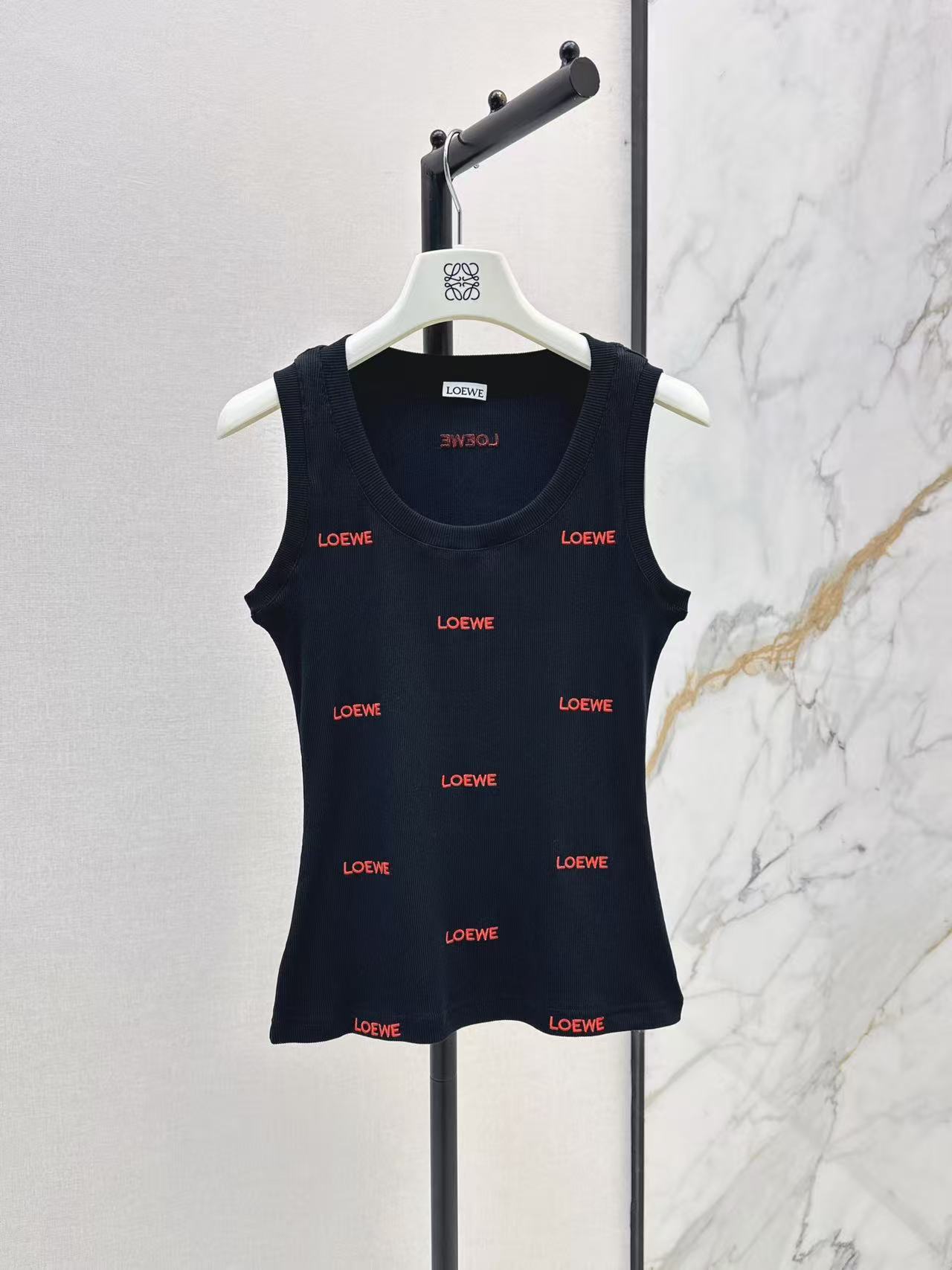 LOE 26All Over Red Letter Embroidered Ribbed Tank Top