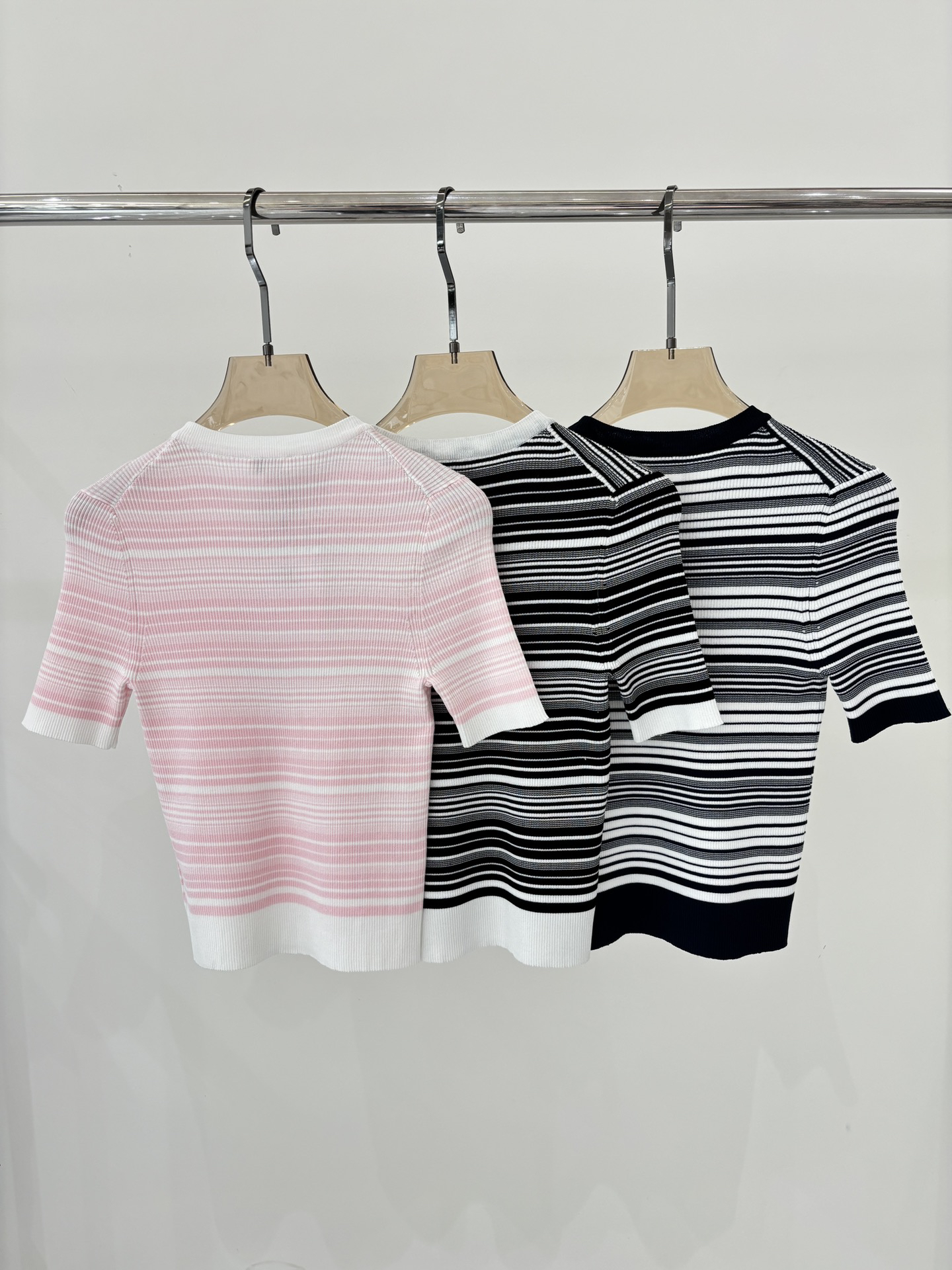 CHANE25SS Round Neck Letter Logo Stripe Patchwork Colour Block Knit Short Sleeve
