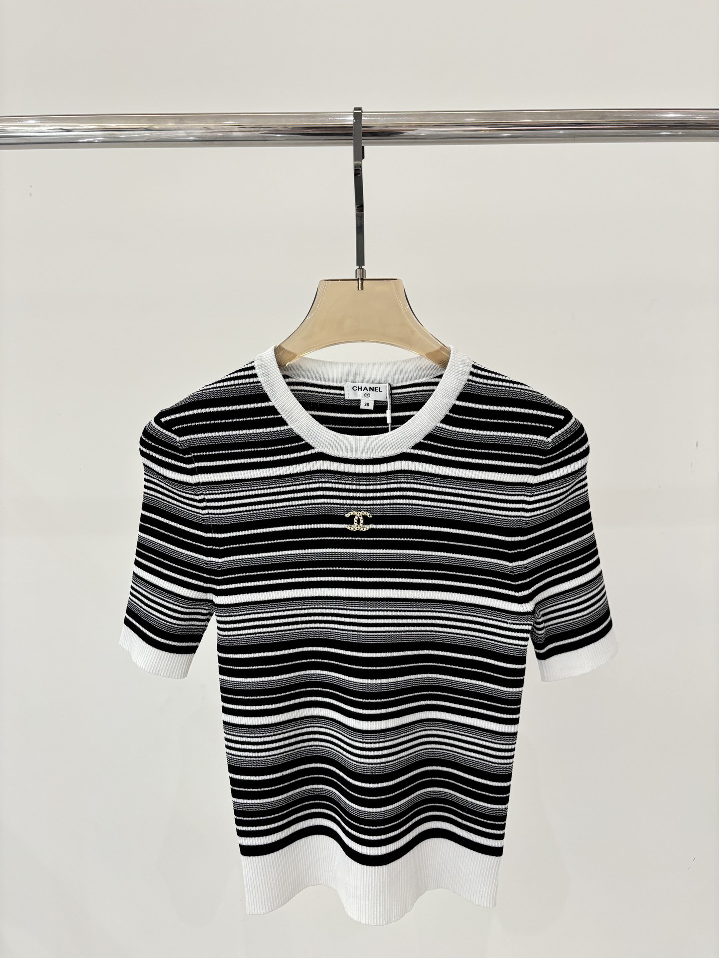 CHANE25SS Round Neck Letter Logo Stripe Patchwork Colour Block Knit Short Sleeve