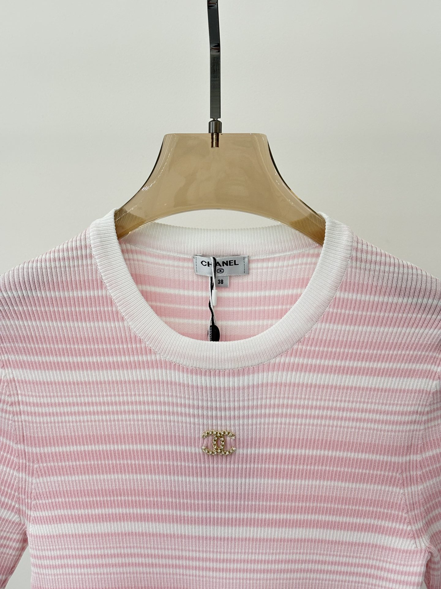 CHANE25SS Round Neck Letter Logo Stripe Patchwork Colour Block Knit Short Sleeve