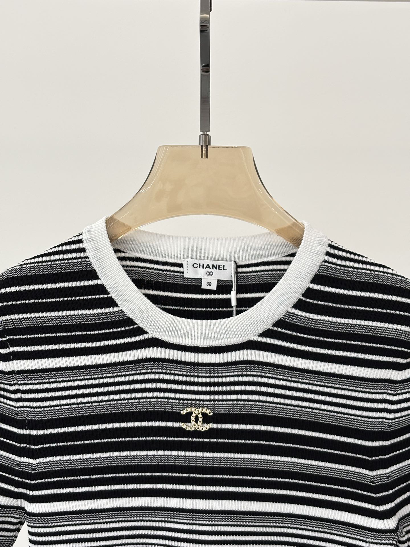 CHANE25SS Round Neck Letter Logo Stripe Patchwork Colour Block Knit Short Sleeve