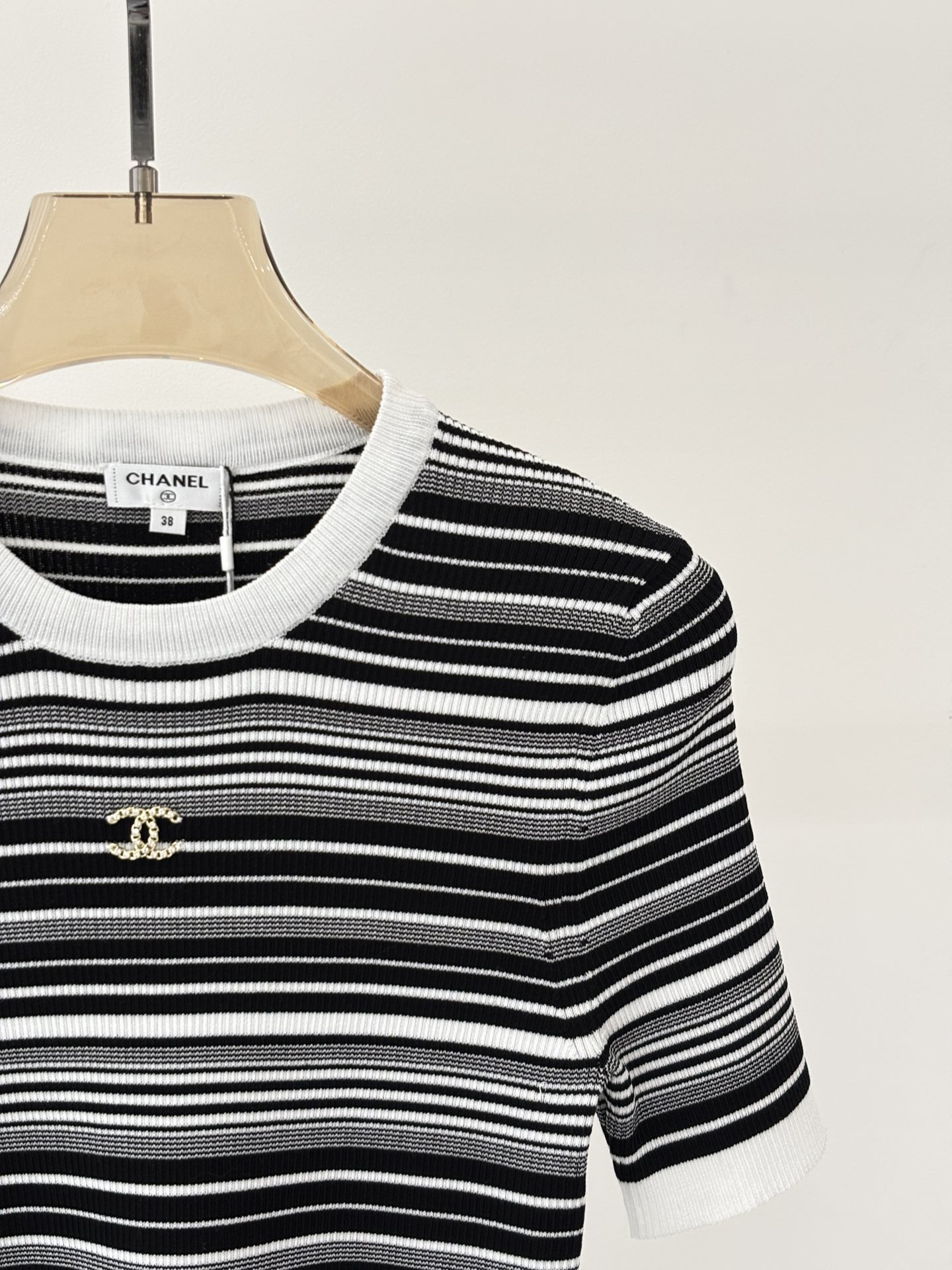 CHANE25SS Round Neck Letter Logo Stripe Patchwork Colour Block Knit Short Sleeve