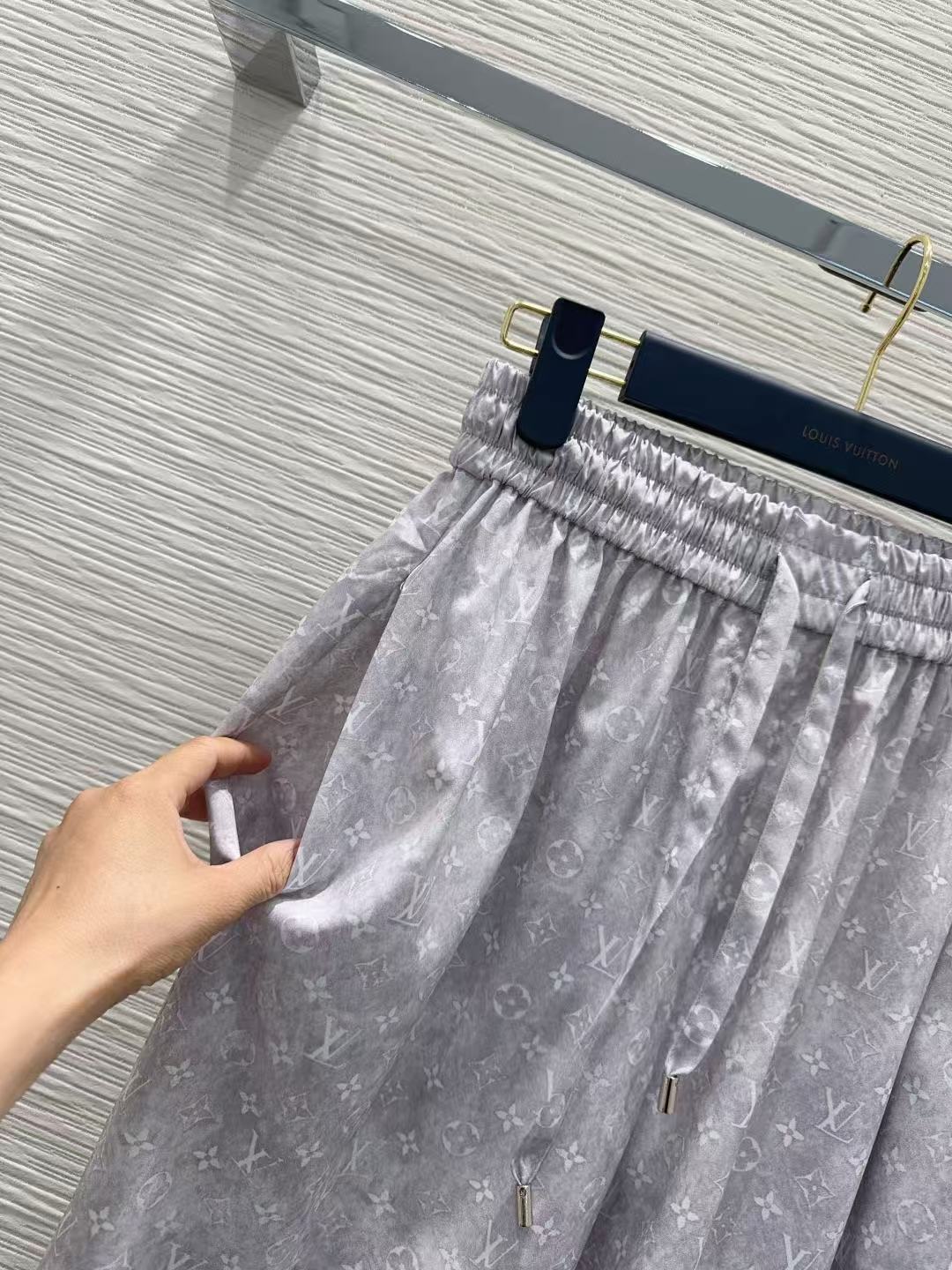LO 26Light Grey All Over Monogram Satin Wide Leg Pants