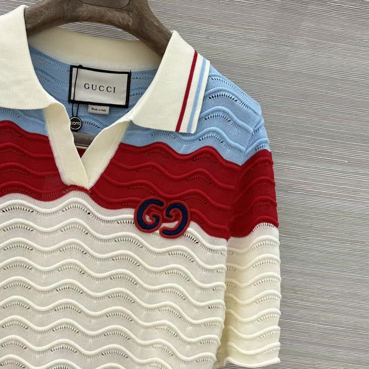 GU Striped Wave Knit Polo Shirt Contrast Collar Short Sleeve Slim Fit