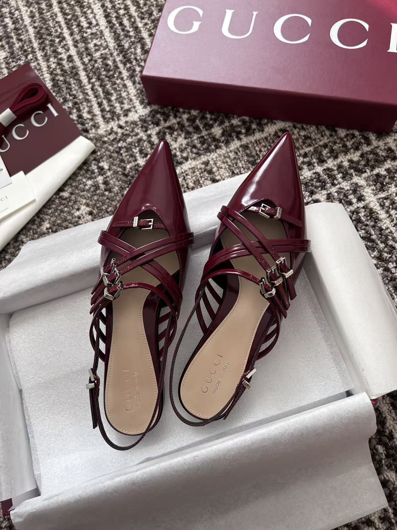 LO 26 Glossy Leather Cutout Strappy Backless Pointy High Heel Sandals