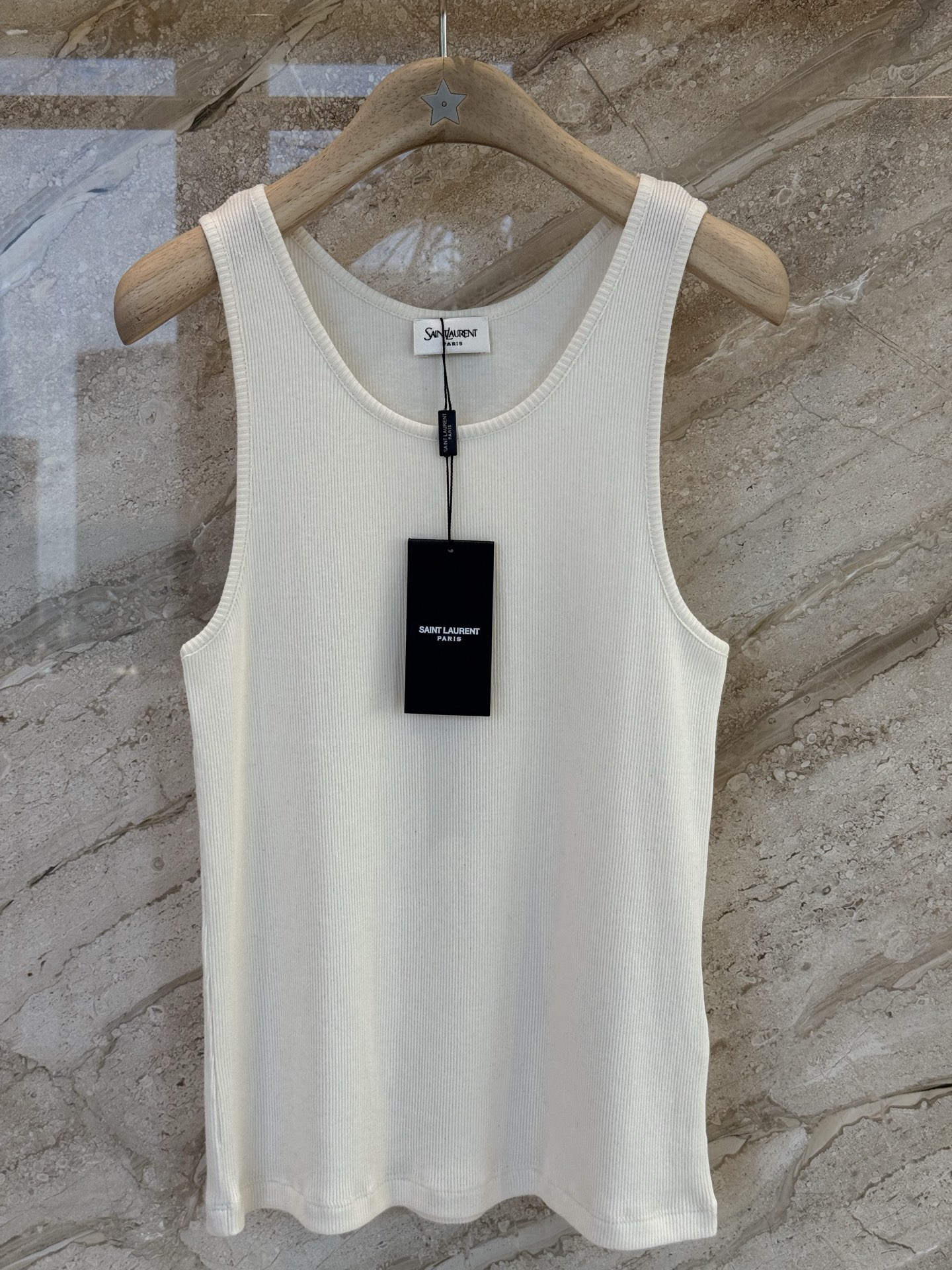 Saint Laurent Cassandre Embroidered Ribbed Tank Top, Off‑White