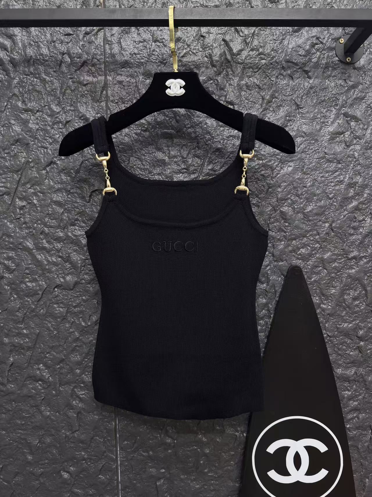 GU Ribbed Knit Adjustable Strap Cami Tank Top Gold Buckle Slim Fit