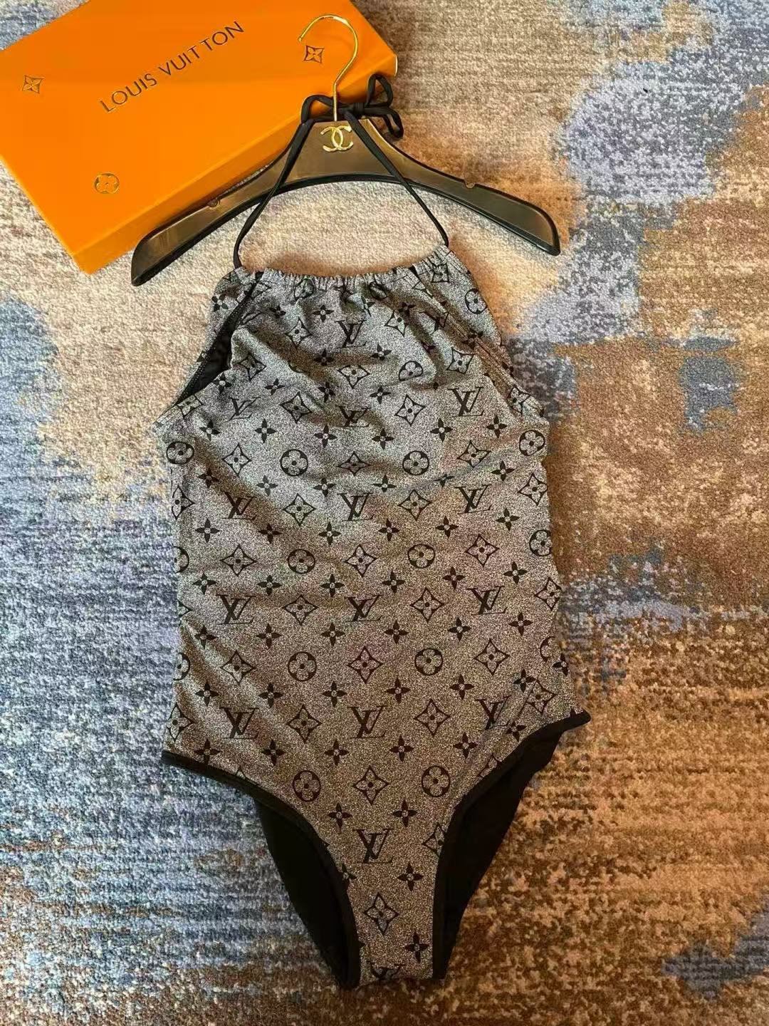 LO Women Vintage Monogram Print One Piece Swimsuit Square Neck Spaghetti Strap Bathing Suit
