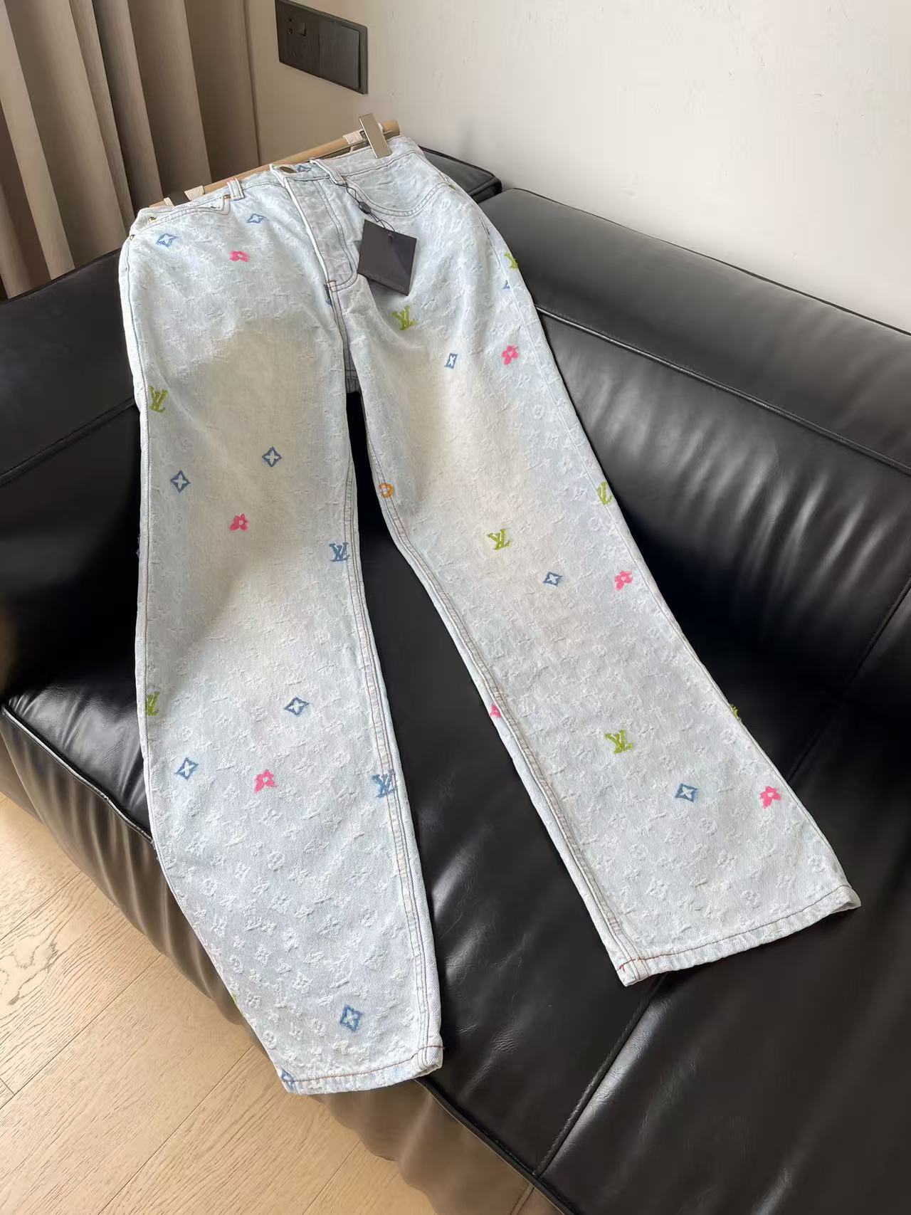 LO 26Pale Blue High Waist Five Pocket Loose Denim Pants Colorful Mini Pattern