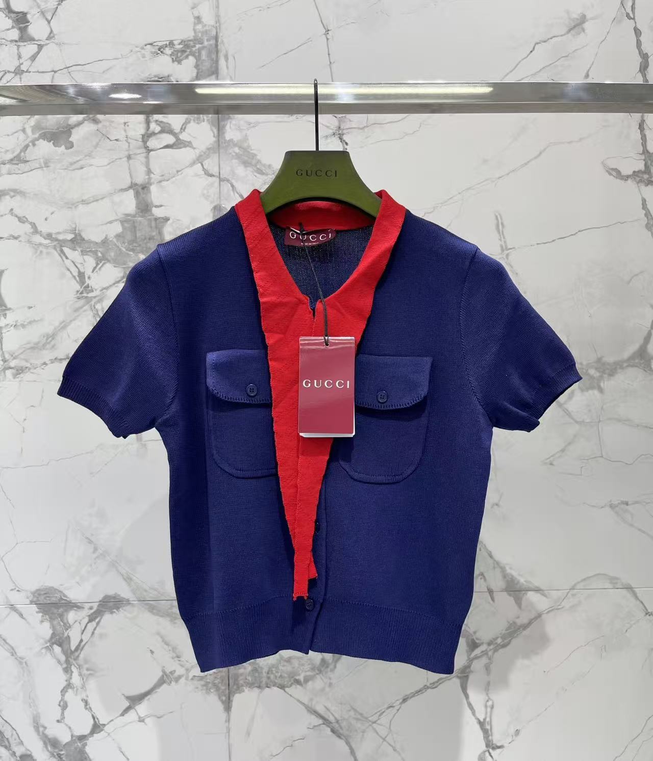 GU 26 Women Color Block Tie Collar Short Sleeve Knit Cardigan