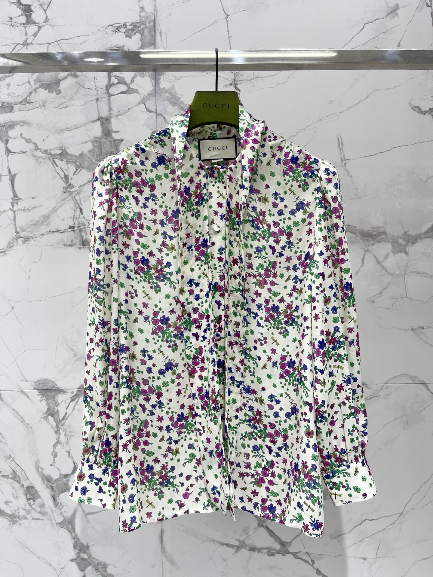 GU 26 Multi Color Wild Flower Bow Collar Satin Shirt