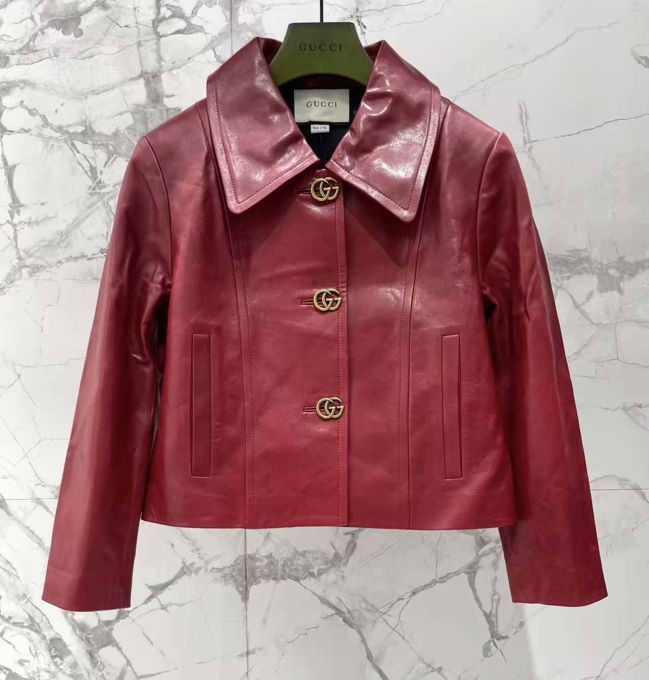 GU 26 Women Black Leather Cropped Jacket With Double G Metal Buttons