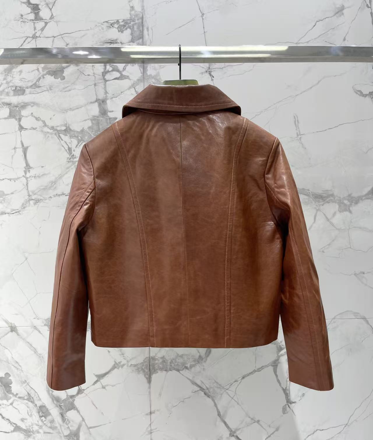 GU 26 Women Black Leather Cropped Jacket With Double G Metal Buttons